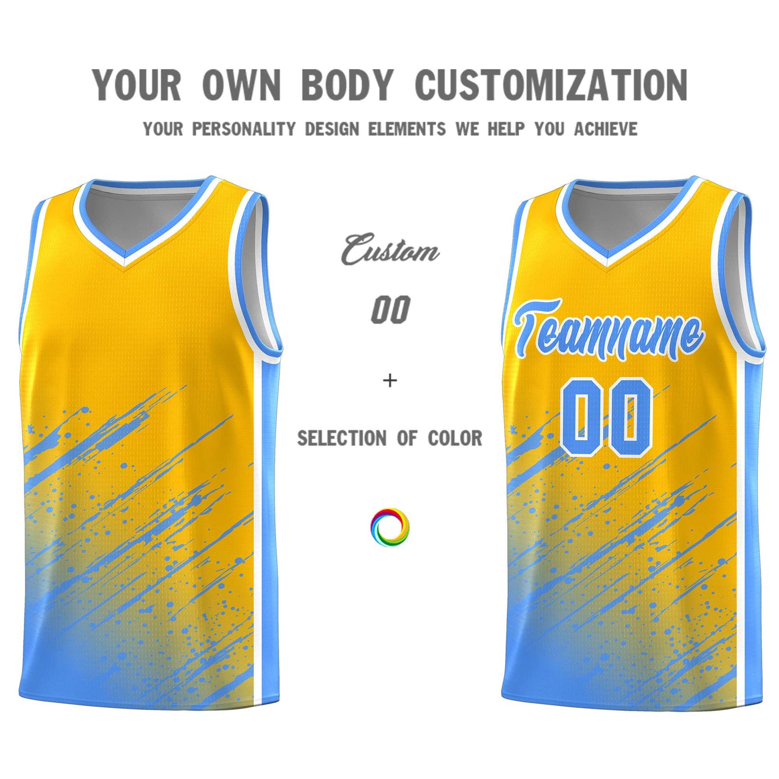 Custom Yellow Basketball Kits With Powder Blue Paint Graffiti