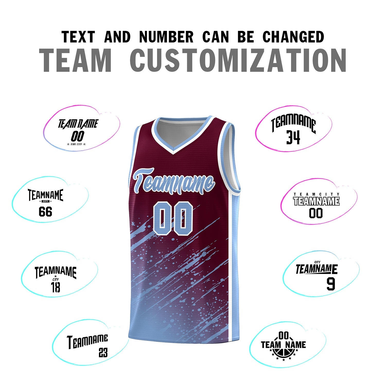 Custom Crimson Basketball Kits With Light Blue Paint Graffiti