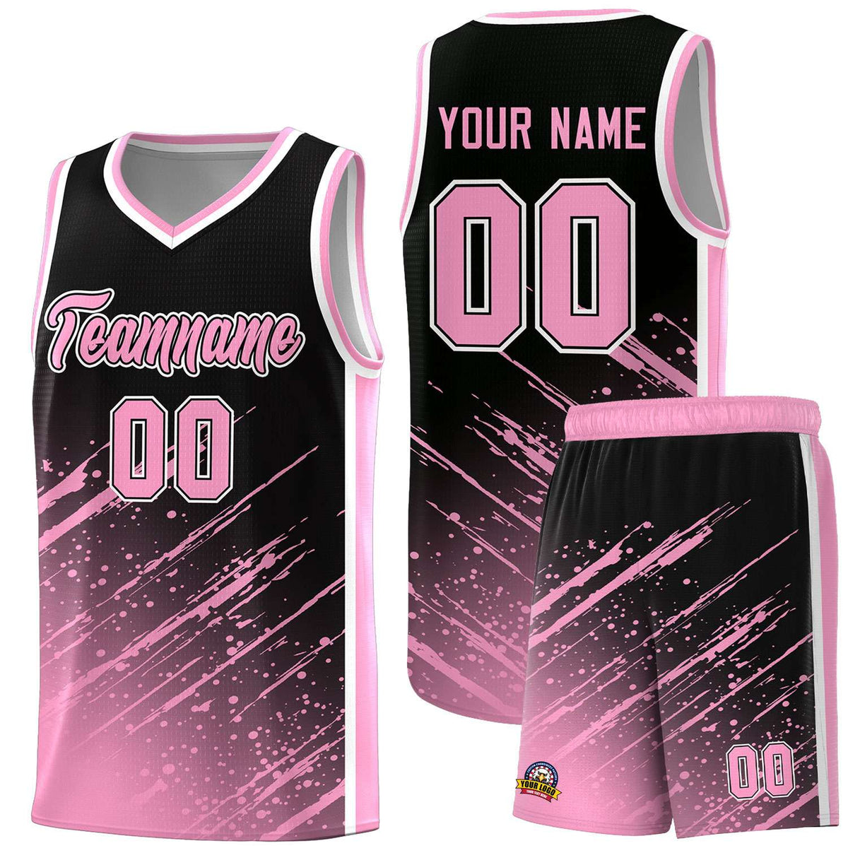 Custom Black Basketball Kits With Light Pink Paint Graffiti