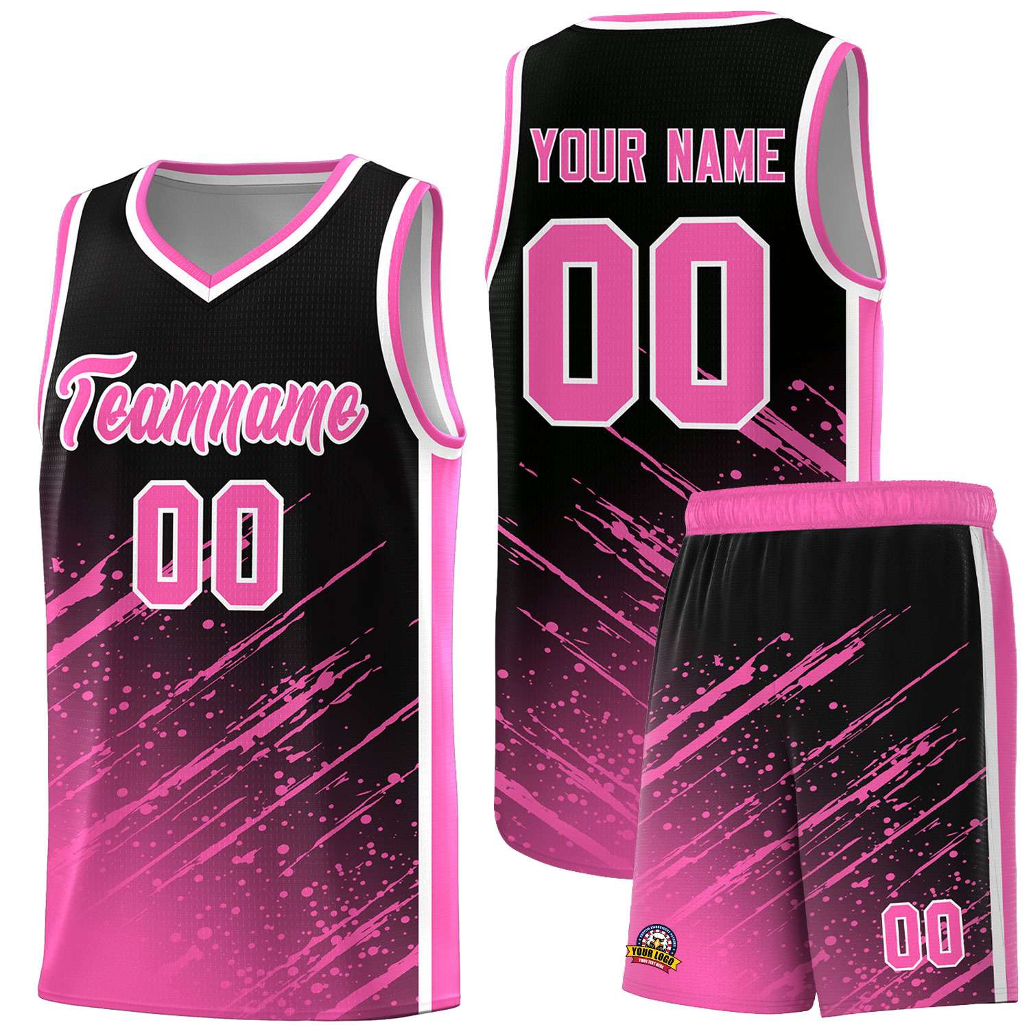 Custom Black Basketball Kits With Pink Paint Graffiti