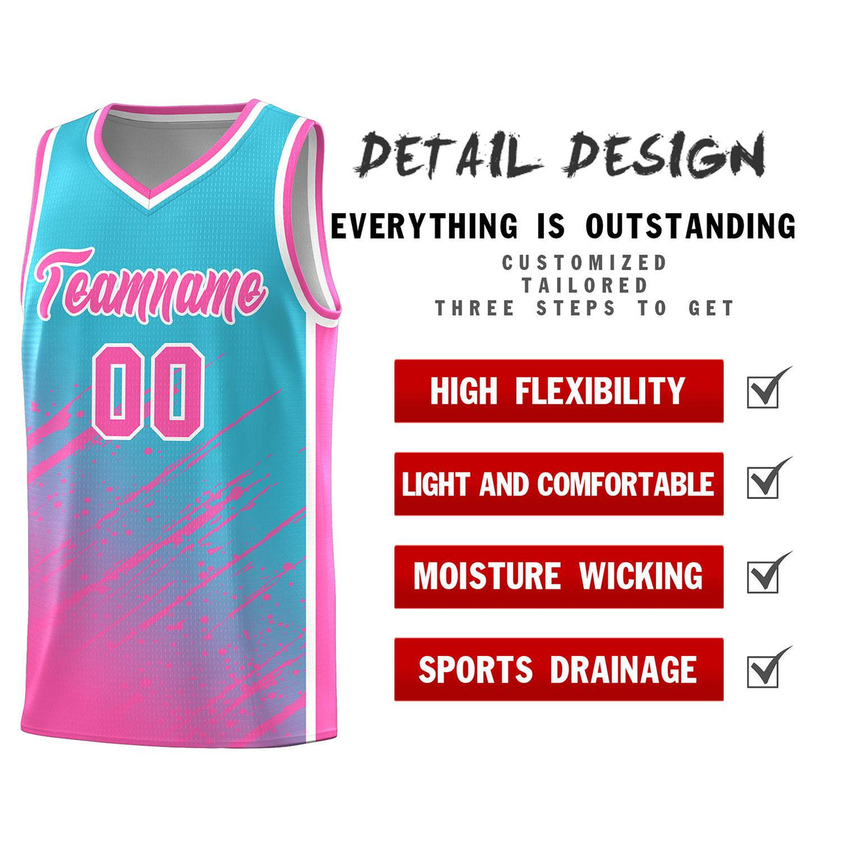 Custom Sky Blue Basketball Kits With Pink Paint Graffiti