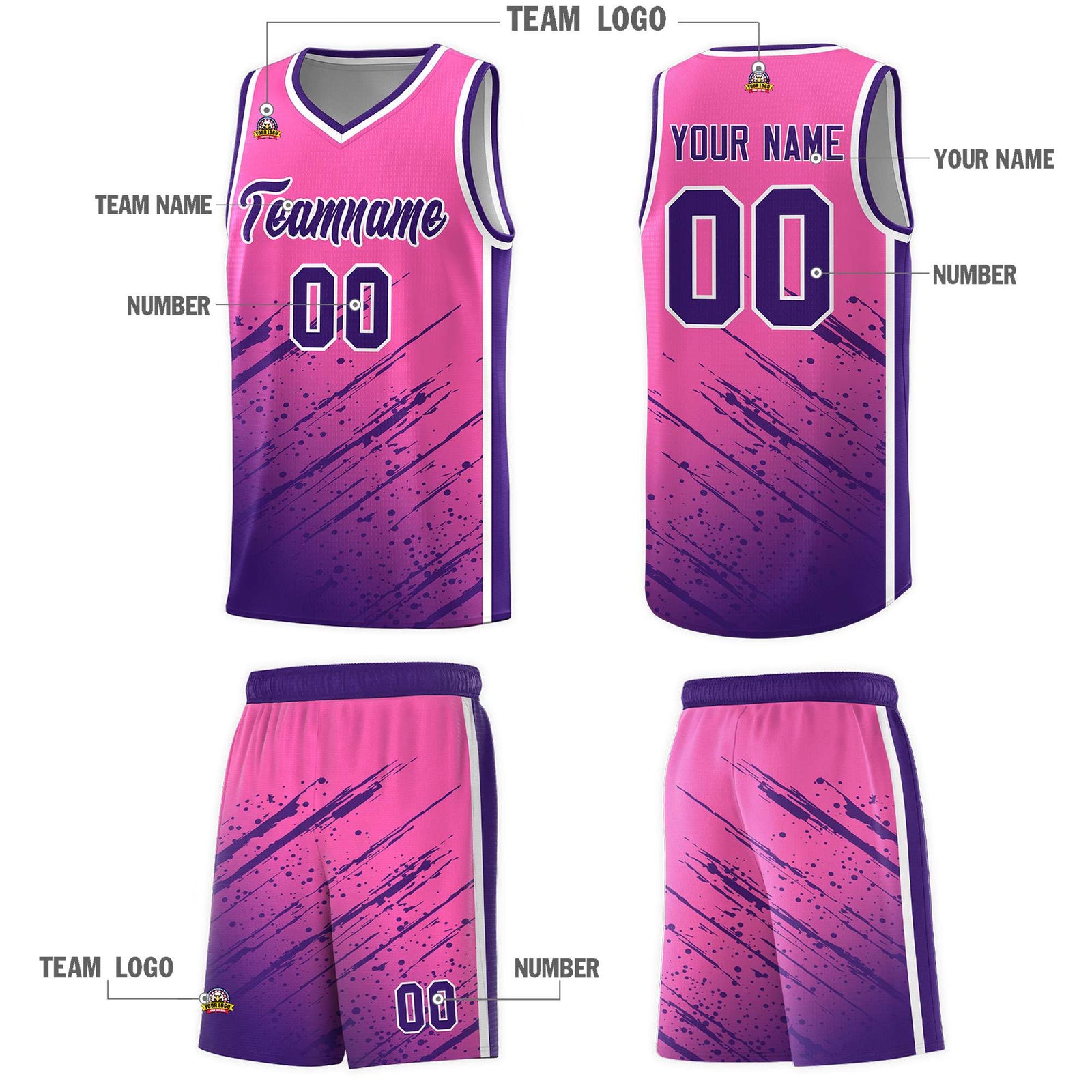 Custom Pink Basketball Kits With Purple Paint Graffiti