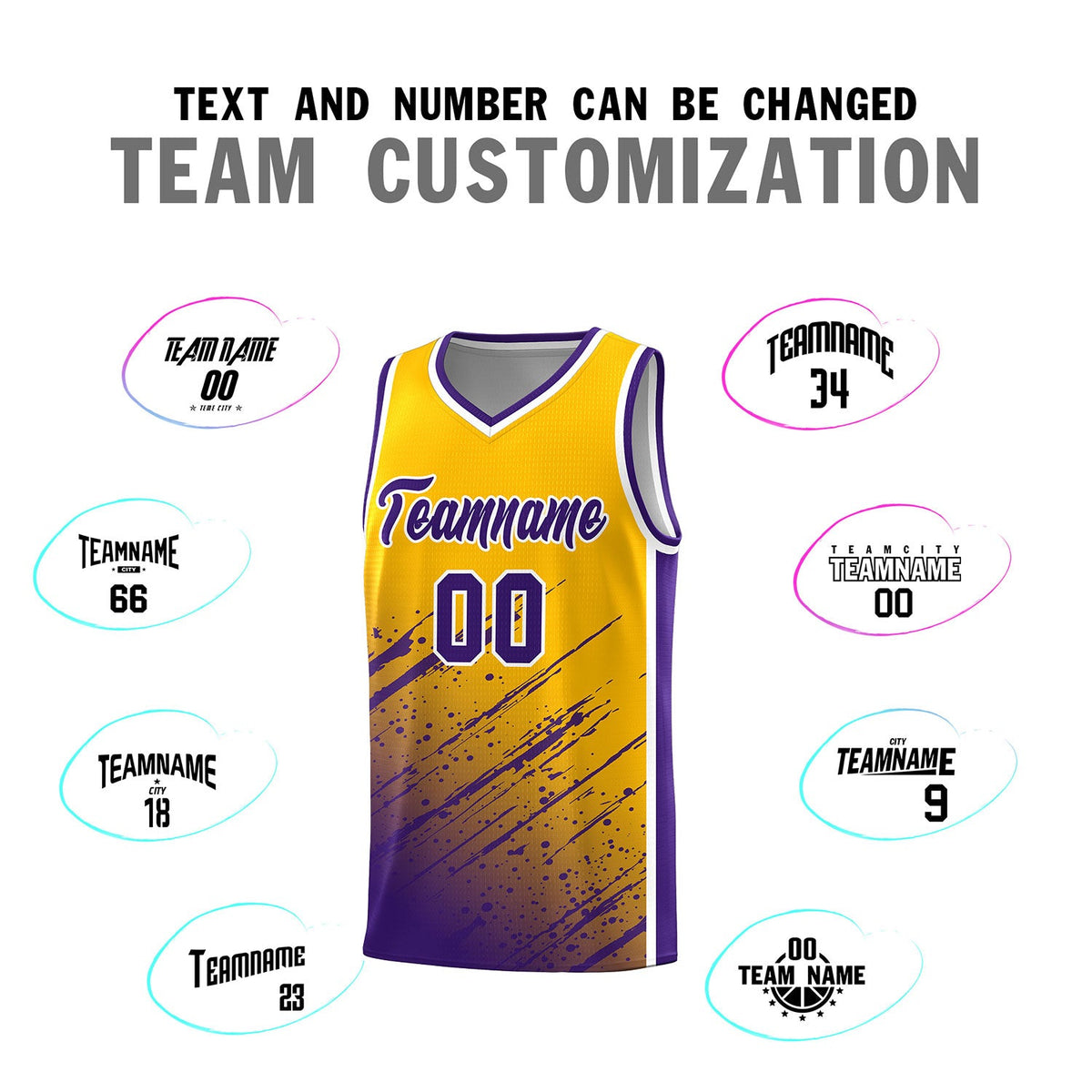 Custom Yellow Basketball Kits With Purple Paint Graffiti