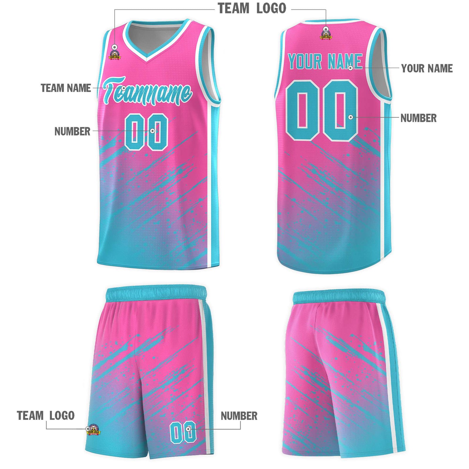 Custom Pink Basketball Kits With Sky Blue Paint Graffiti