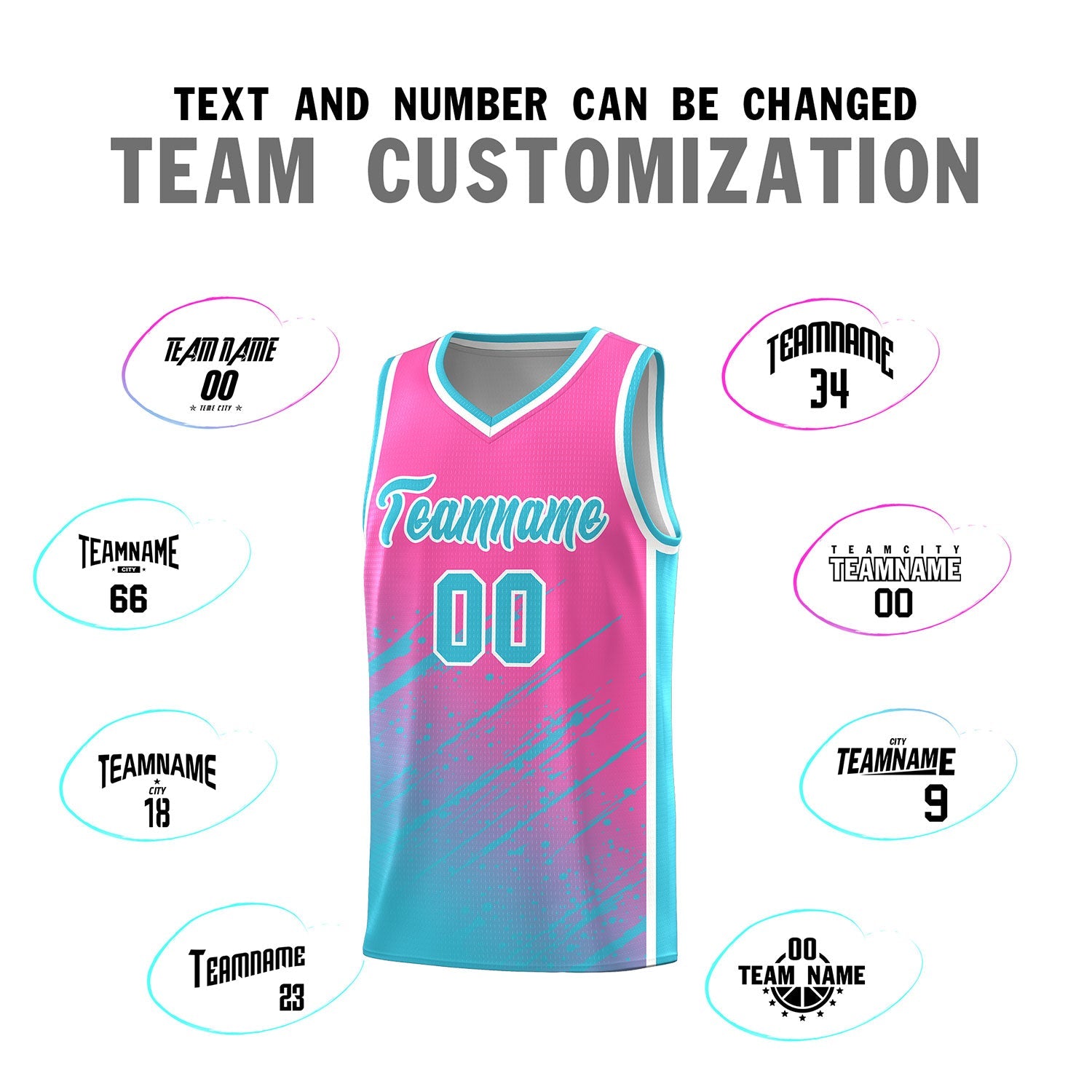 Custom Pink Basketball Kits With Sky Blue Paint Graffiti