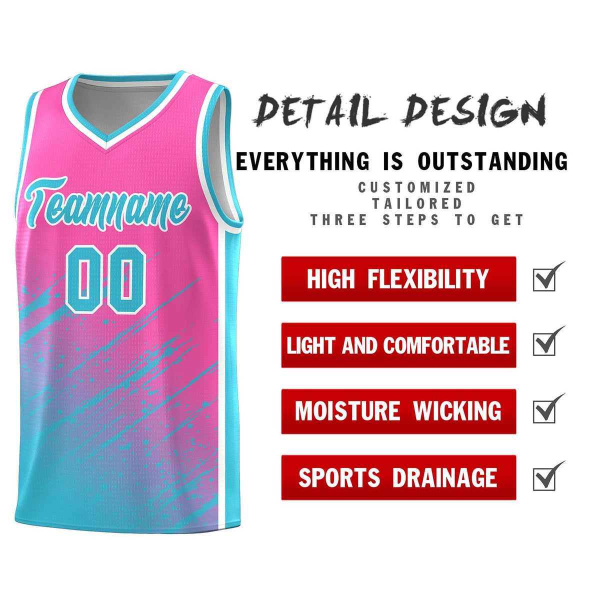 Custom Pink Basketball Kits With Sky Blue Paint Graffiti