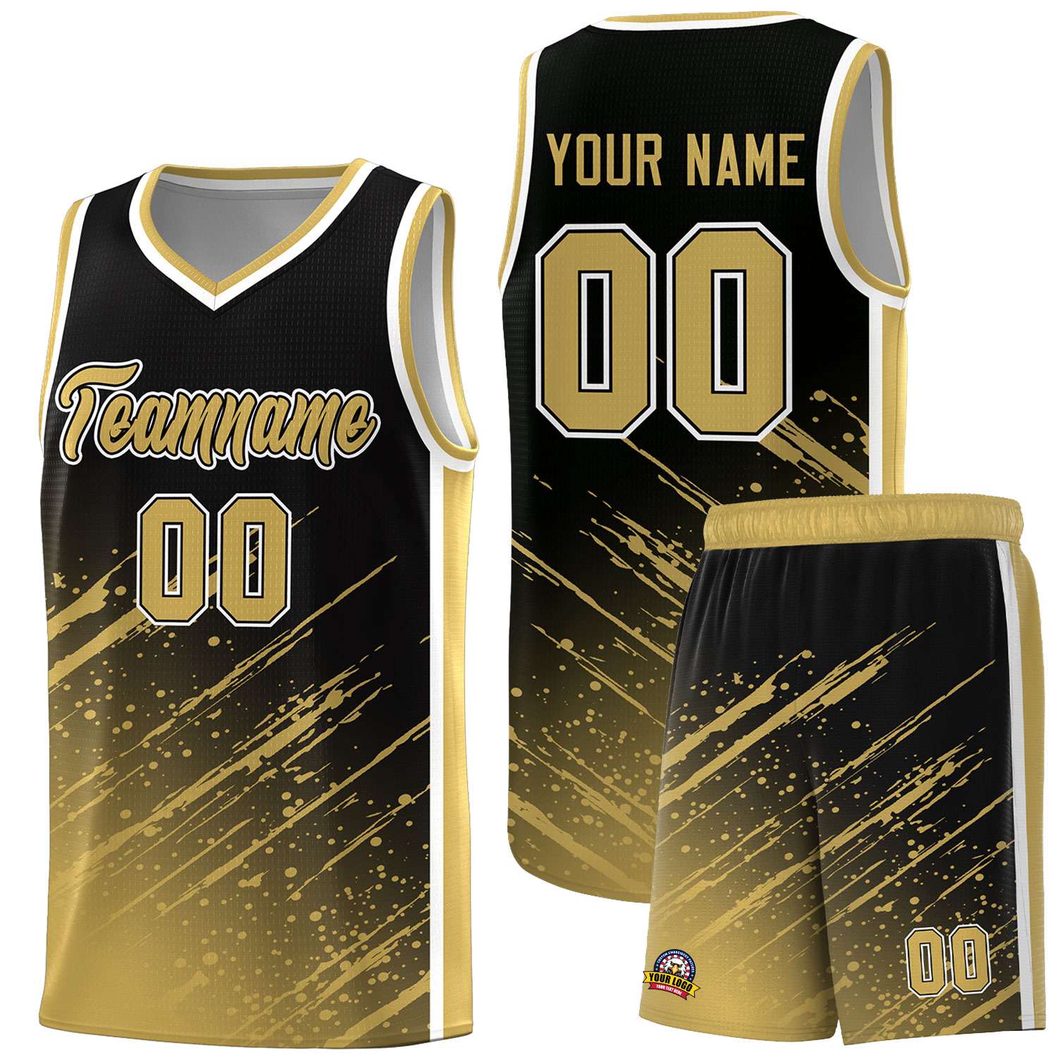 Custom Black Basketball Kits With Old Gold Paint Graffiti