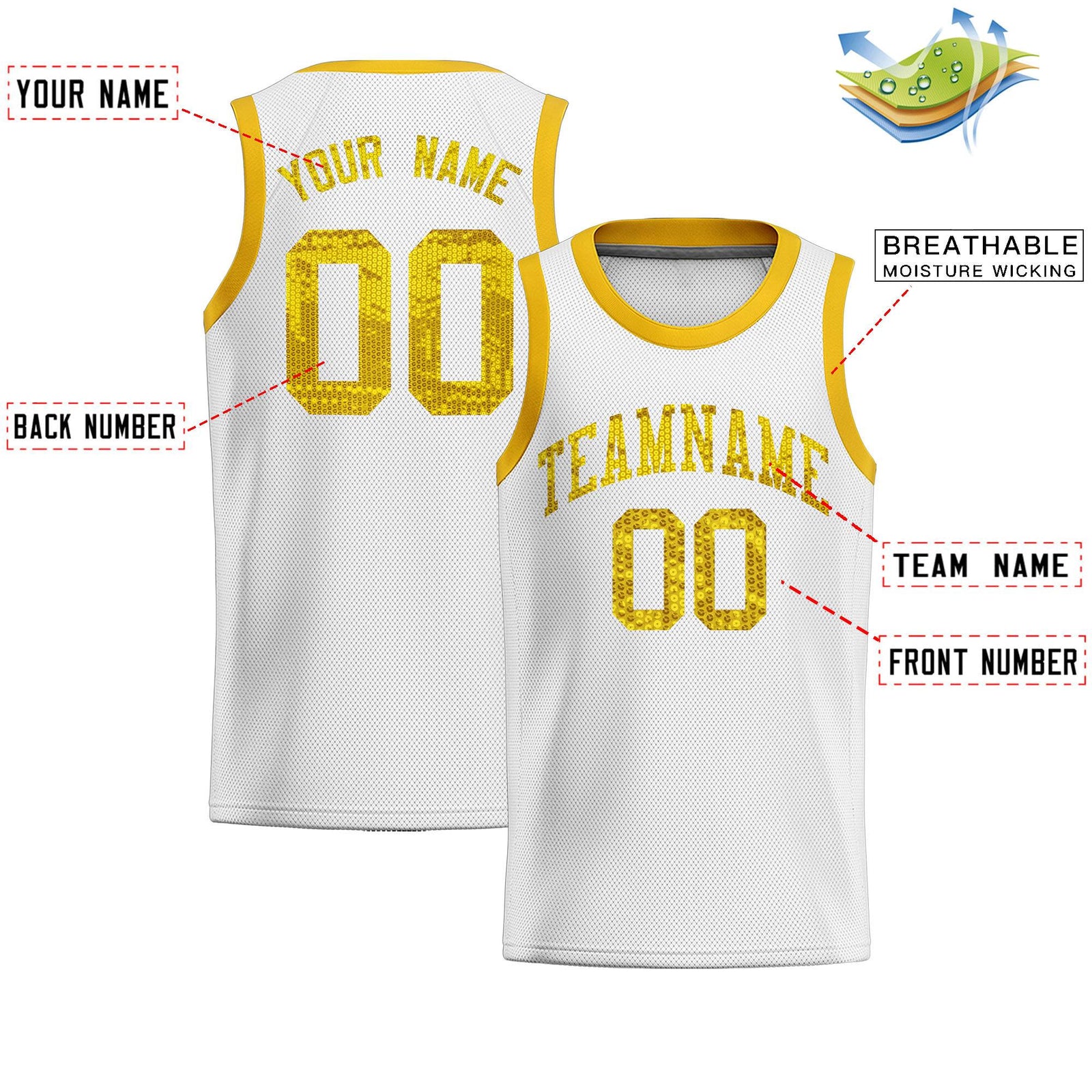 Custom White Sequined Tops Athletic Basketball Jersey