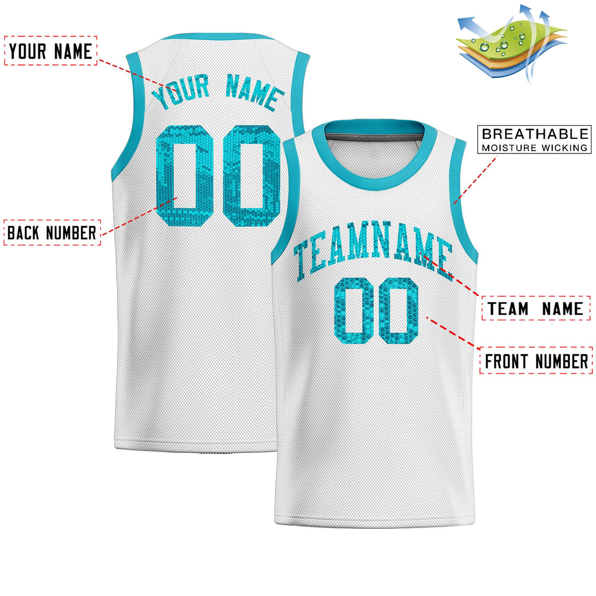 Custom White Sequined Tops Athletic Basketball Jersey