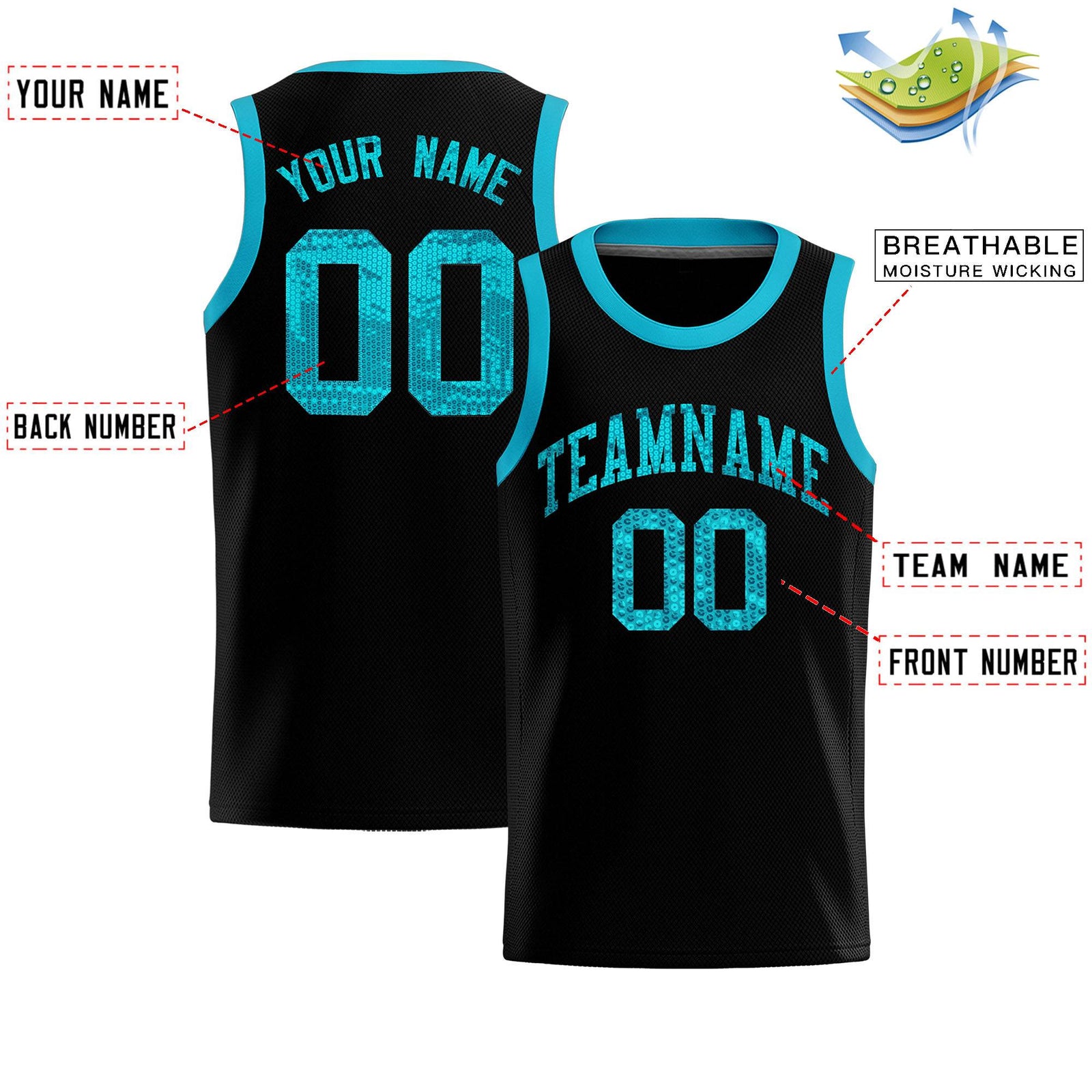 Custom Black Sequined Tops Athletic Basketball Jersey