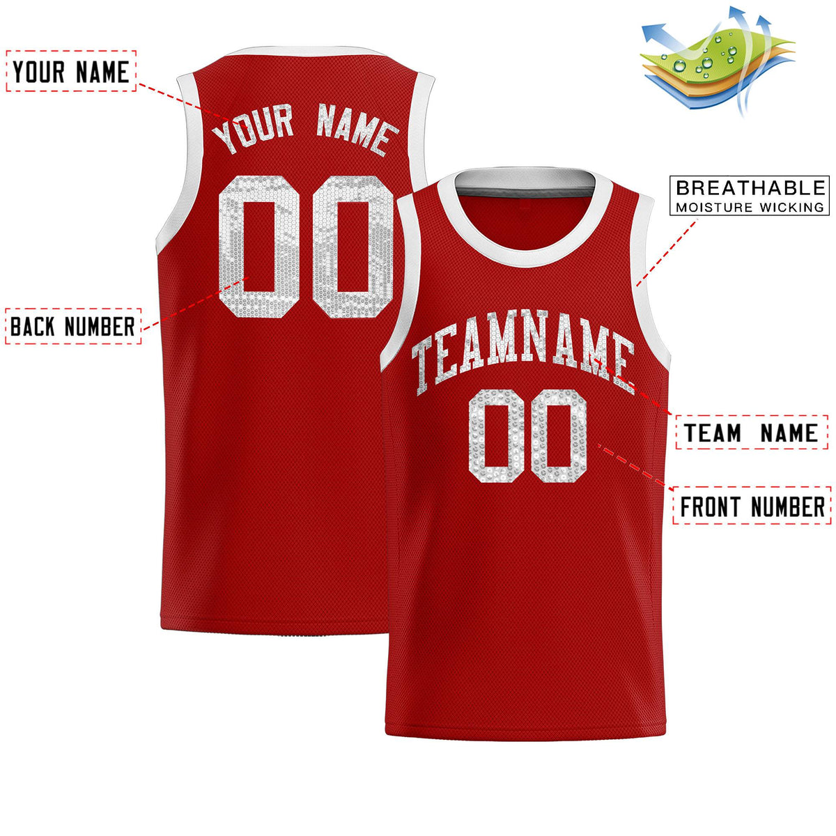 Custom Red Sequined Tops Athletic Basketball Jersey