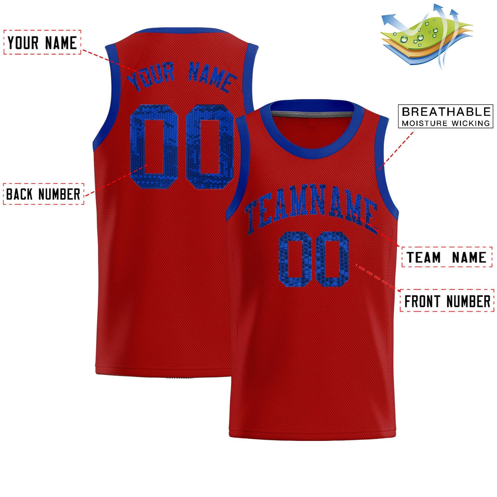 Custom Red Sequined Tops Athletic Basketball Jersey