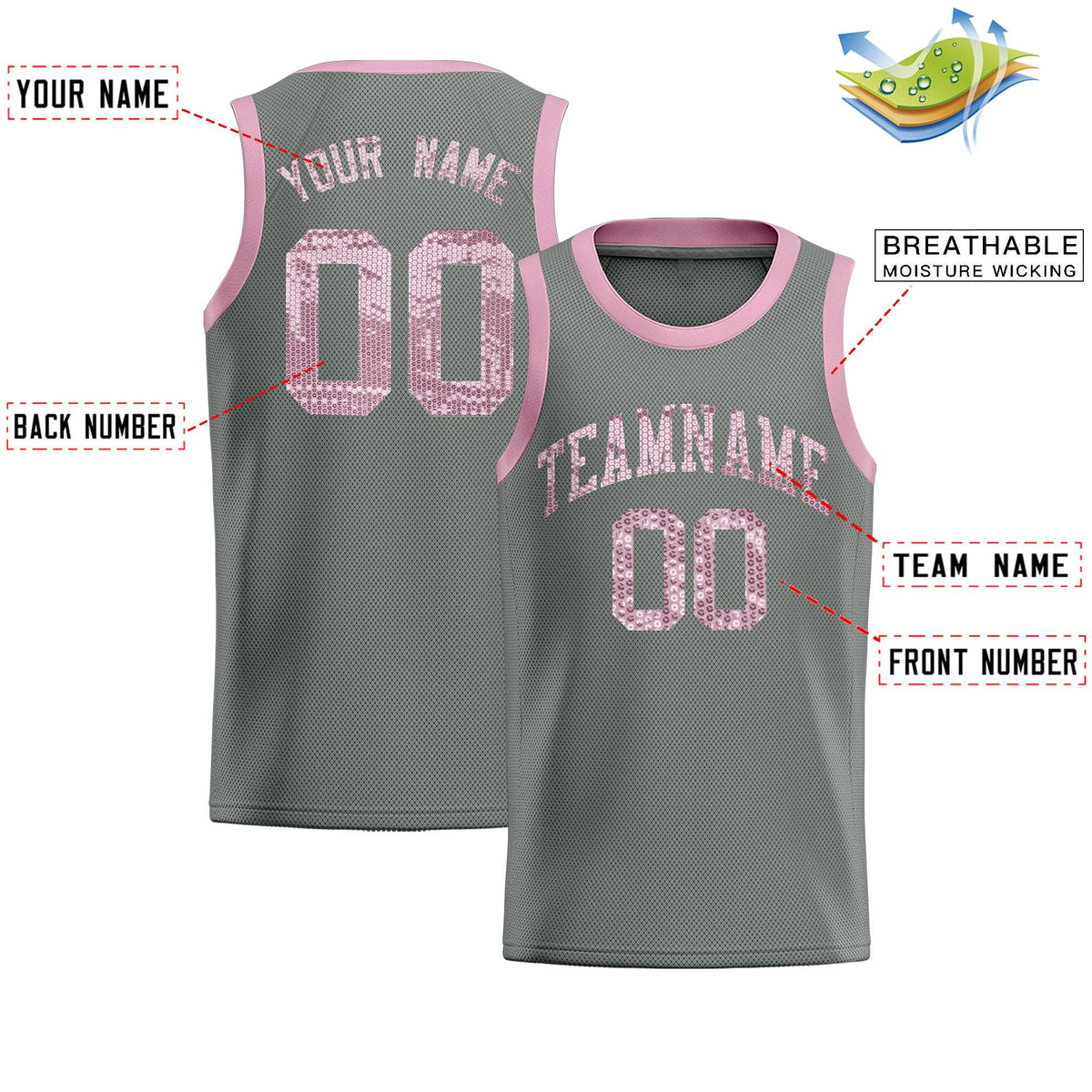 Custom Gray Sequined Tops Athletic Basketball Jersey