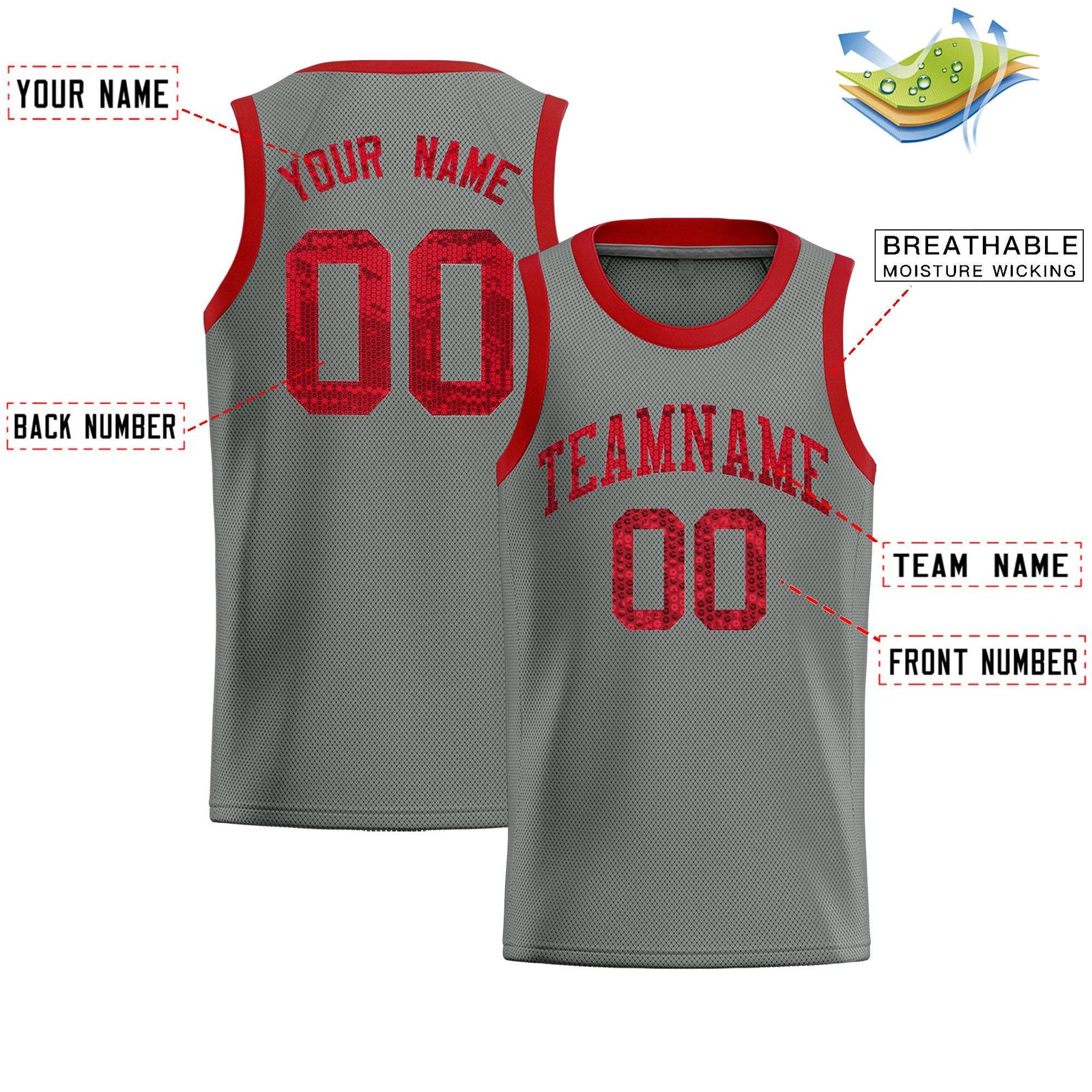 Custom Gray Sequined Tops Athletic Basketball Jersey