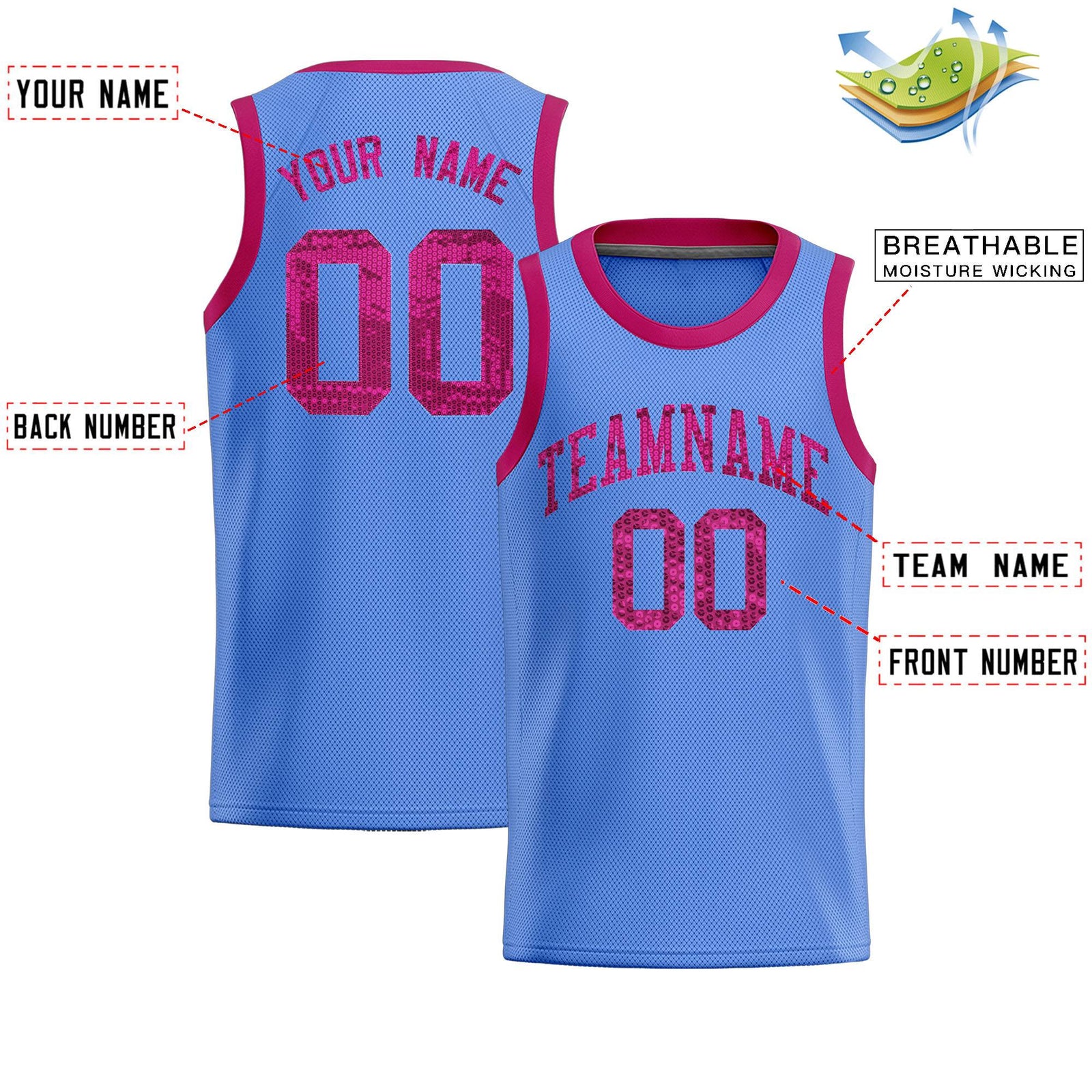 Custom Light Blue Sequined Tops Athletic Basketball Jersey