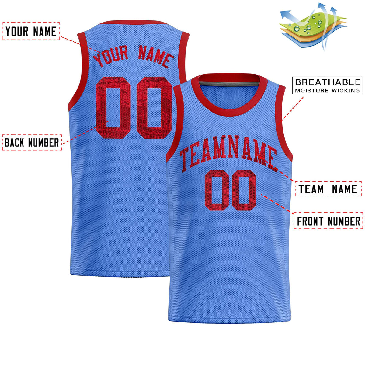 Custom Light Blue Sequined Tops Athletic Basketball Jersey