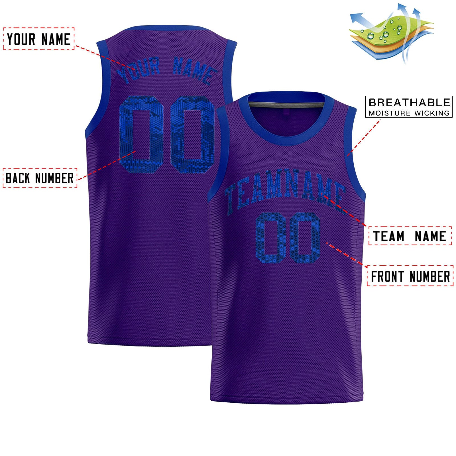 Custom Purple Sequined Tops Athletic Basketball Jersey