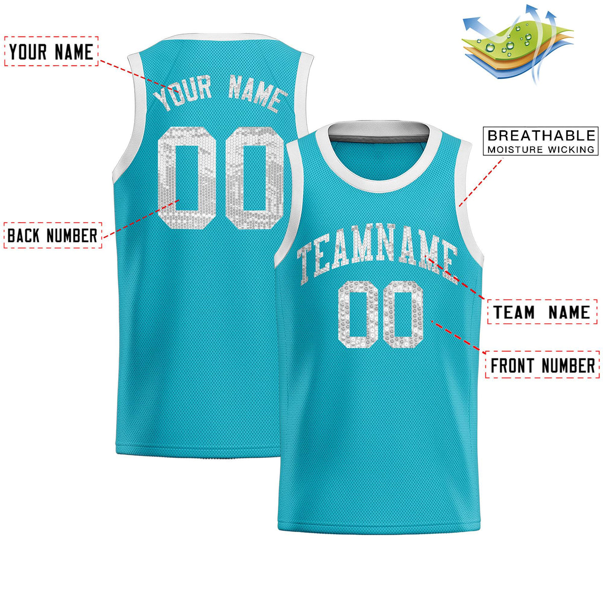 Custom Sky Blue Sequined Tops Athletic Basketball Jersey
