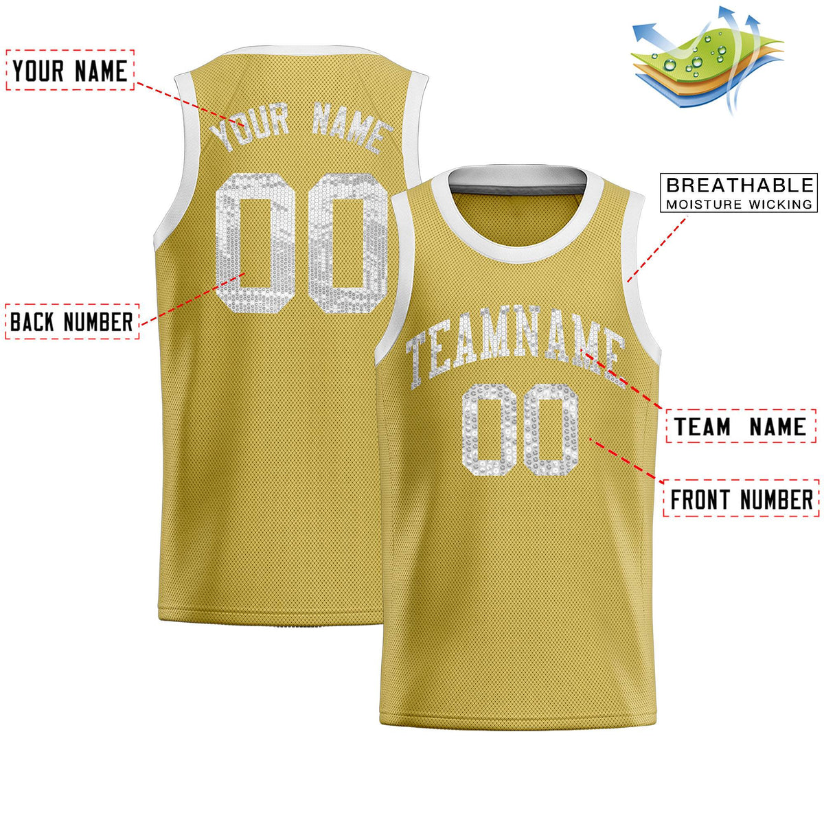 Custom Old Gold Sequined Tops Athletic Basketball Jersey