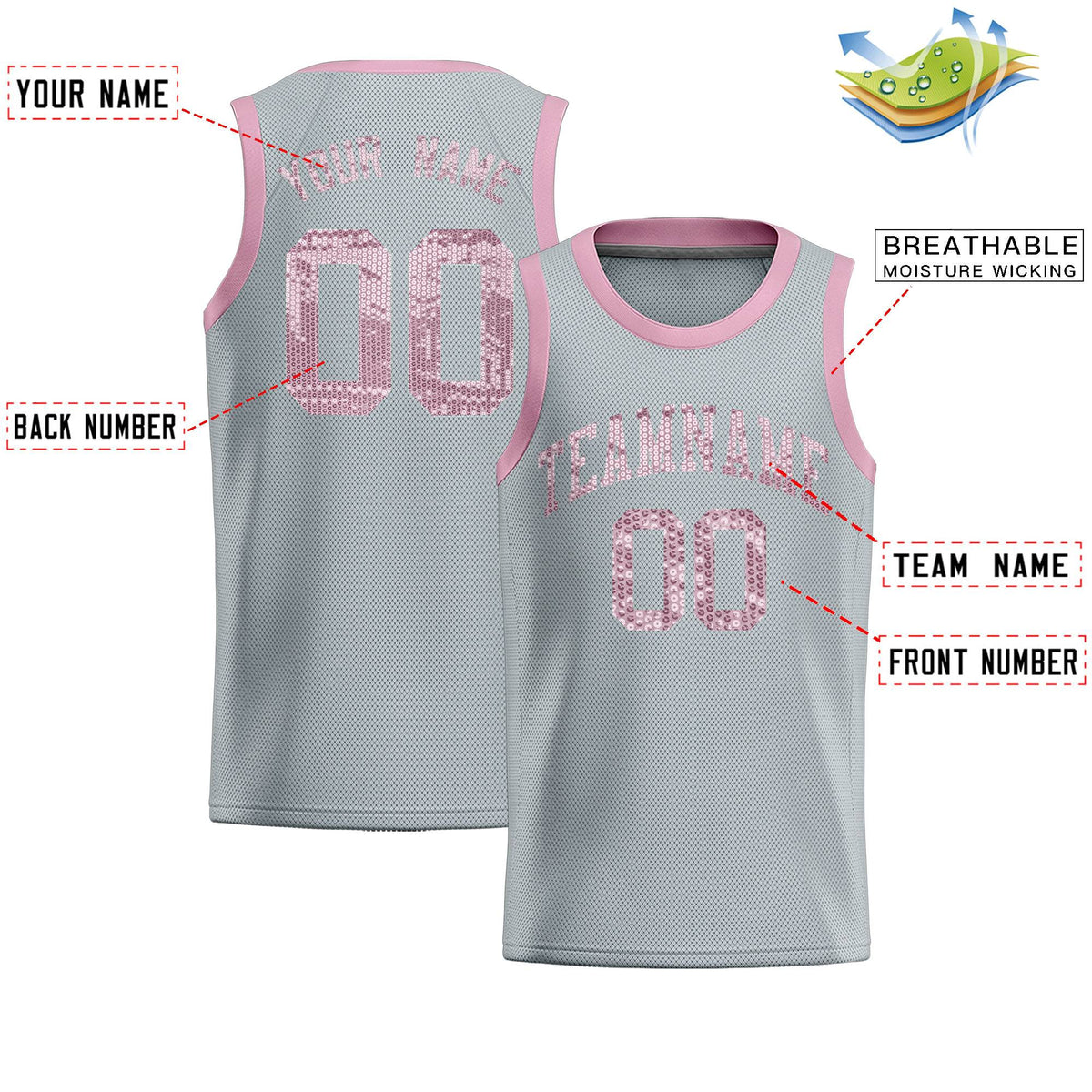 Custom Silver Sequined Tops Athletic Basketball Jersey
