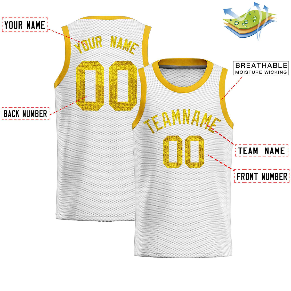 Custom White Sequined Tops Athletic Basketball Jersey