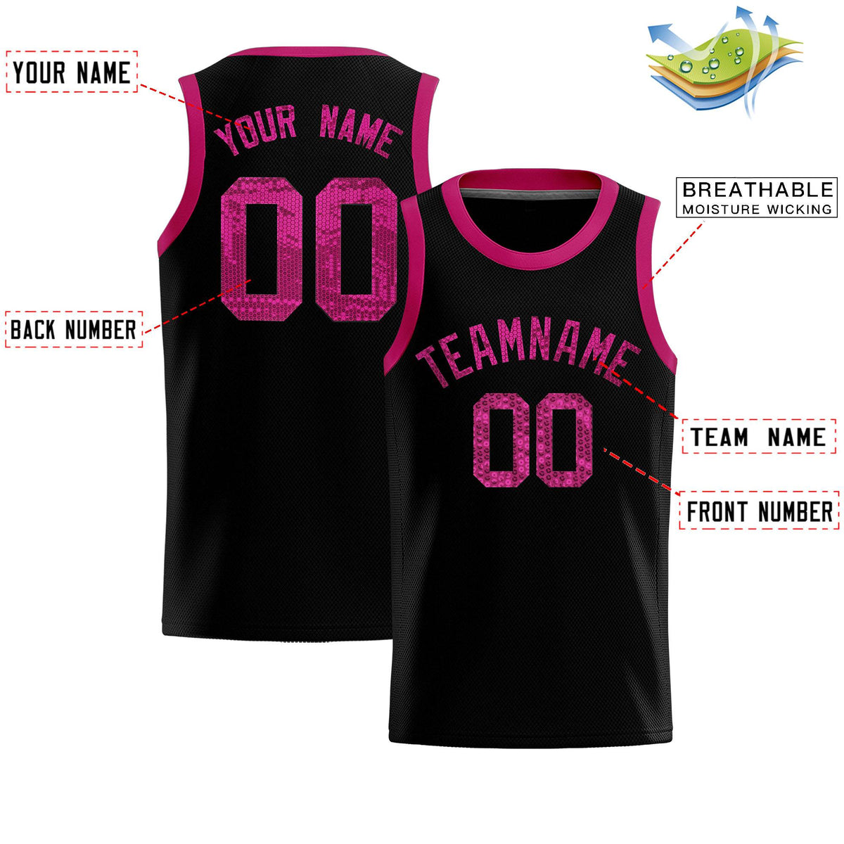 Custom Black Sequined Tops Athletic Basketball Jersey