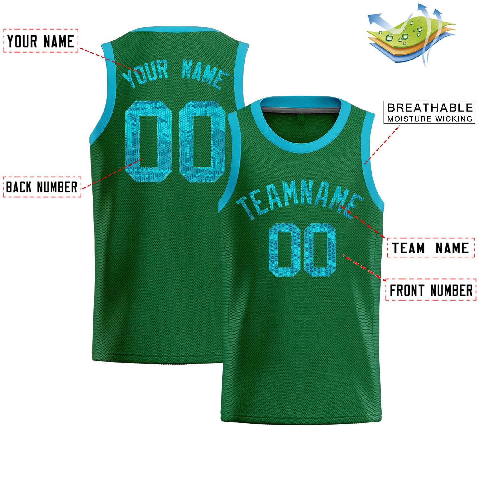 Custom Kelly Green Sequined Tops Athletic Basketball Jersey