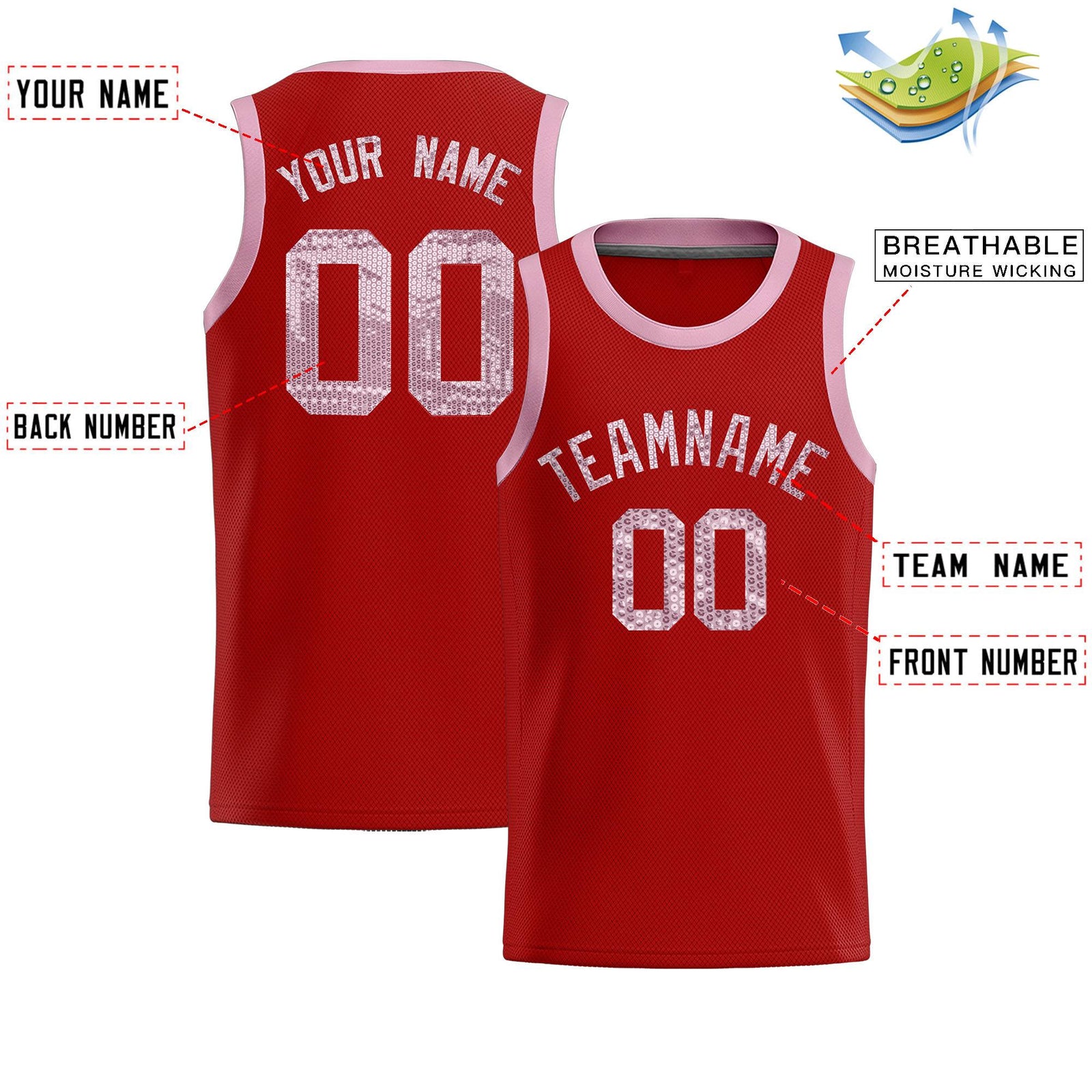 Custom Red Sequined Tops Athletic Basketball Jersey