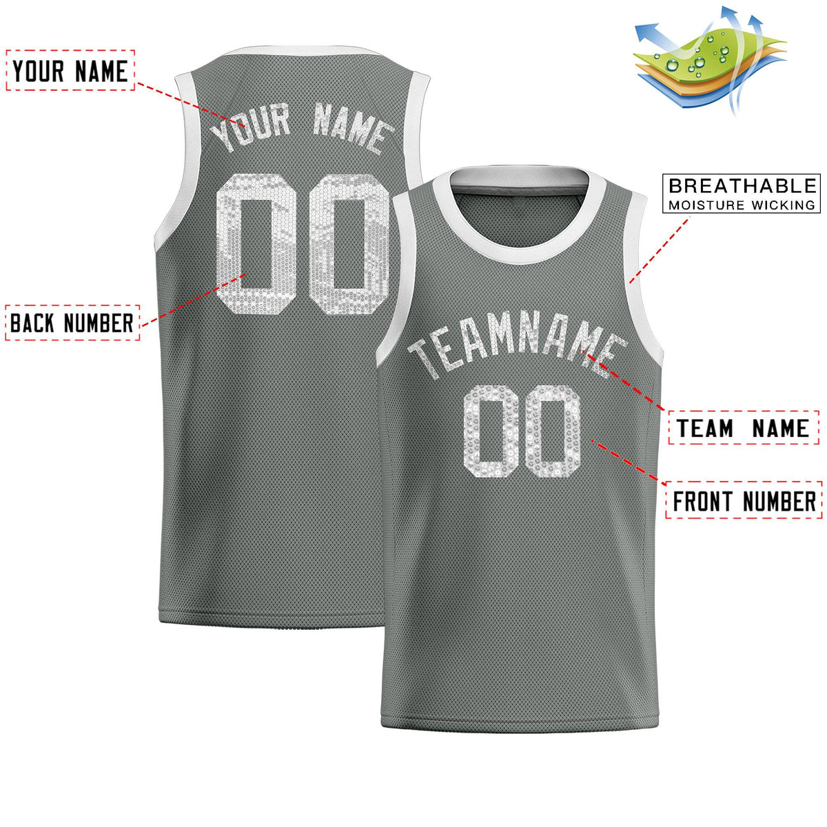Custom Gray Sequined Tops Athletic Basketball Jersey