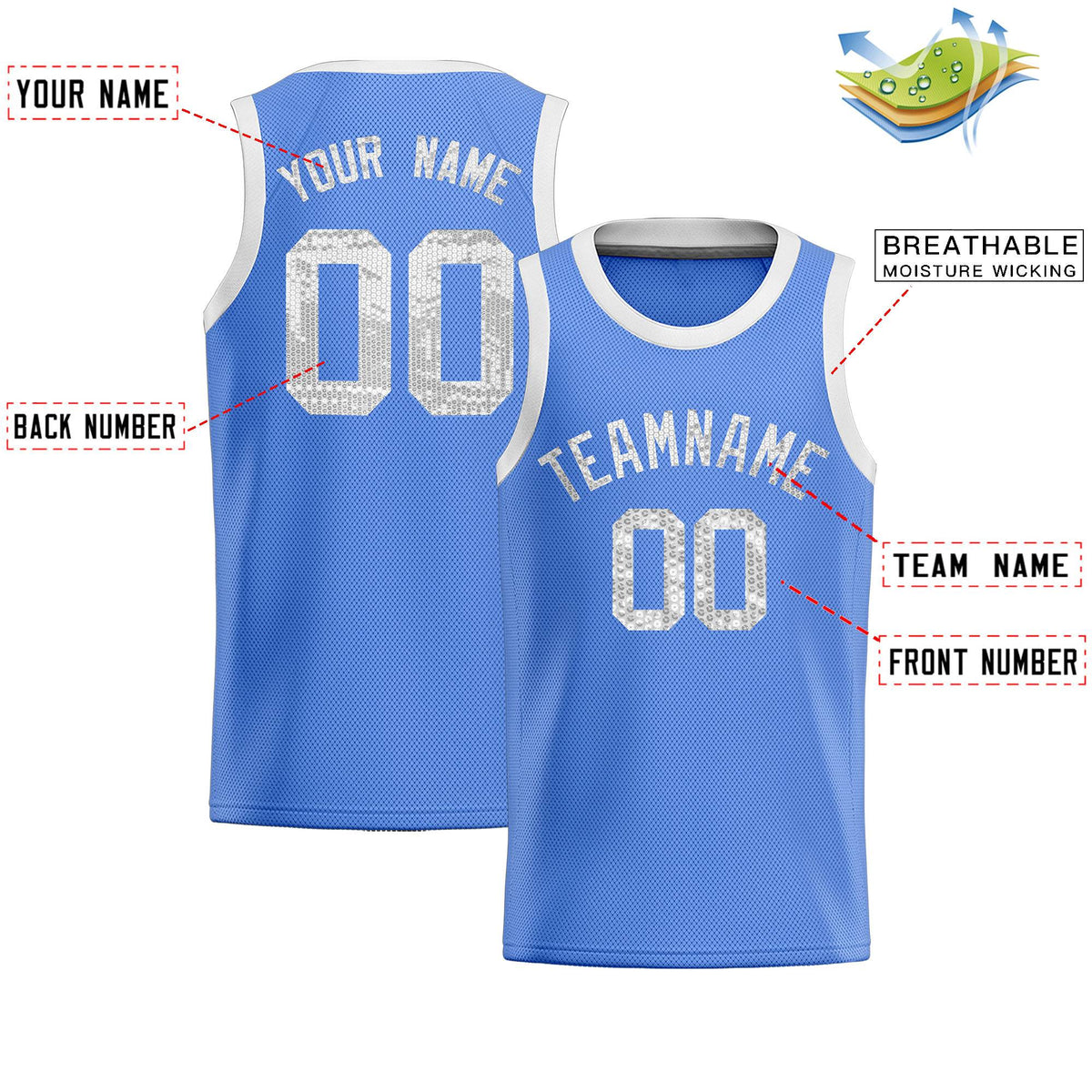 Custom Light Blue Sequined Tops Athletic Basketball Jersey