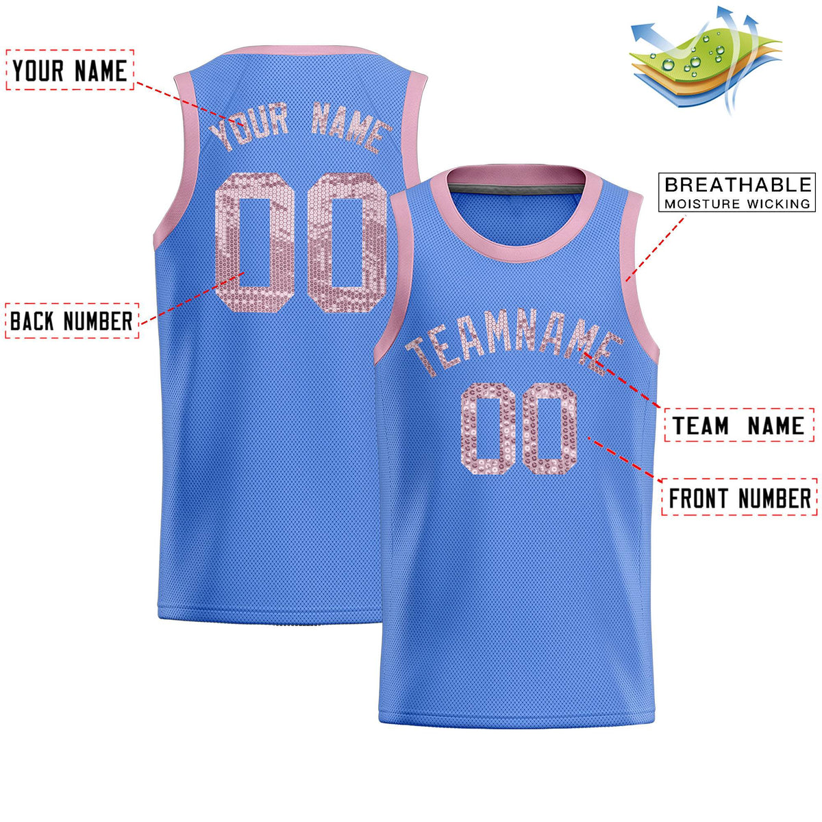 Custom Light Blue Sequined Tops Athletic Basketball Jersey