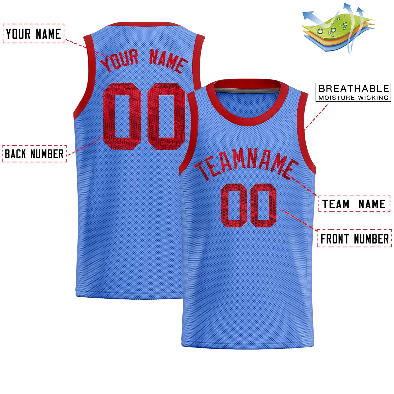 Custom Light Blue Sequined Tops Athletic Basketball Jersey