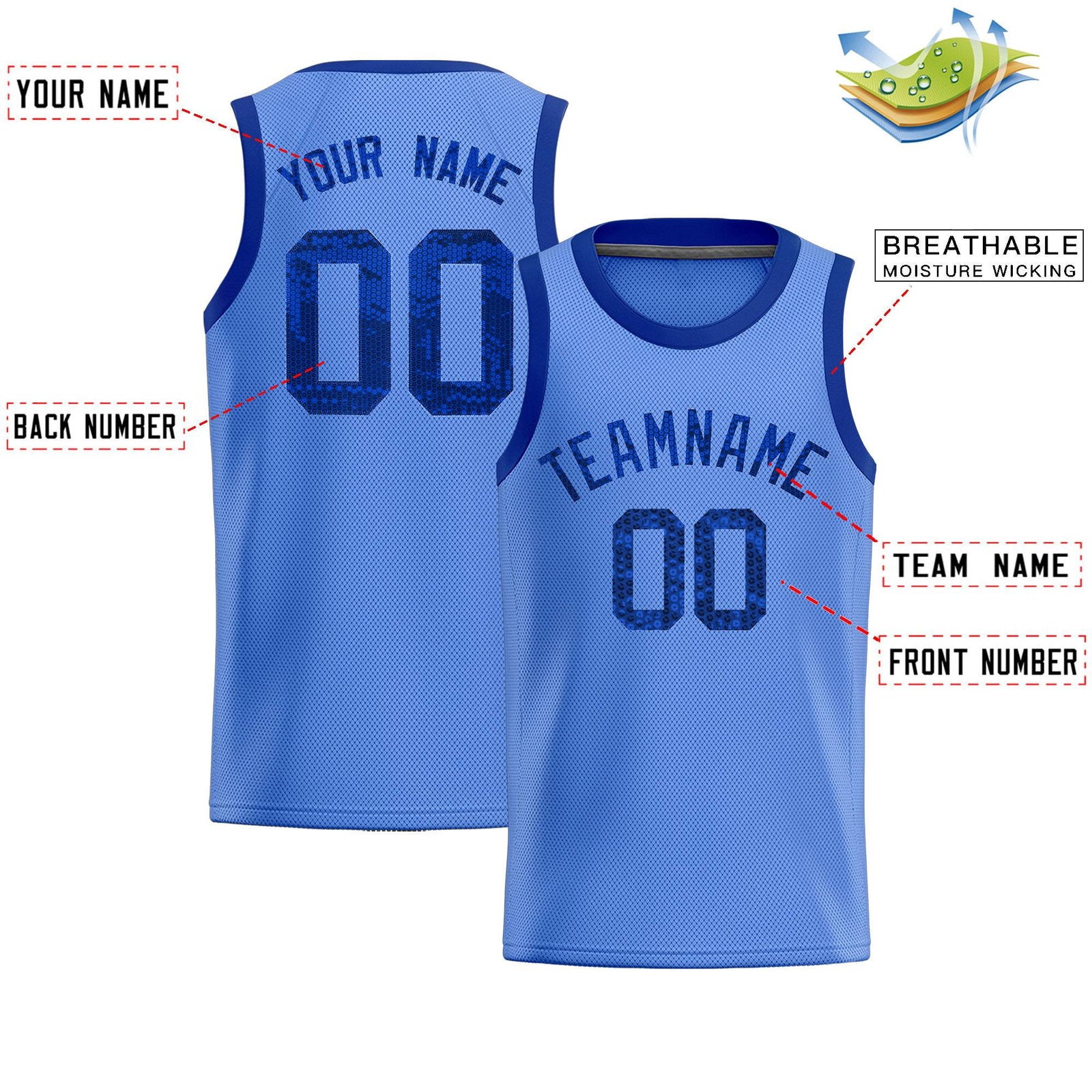 Custom Light Blue Sequined Tops Athletic Basketball Jersey