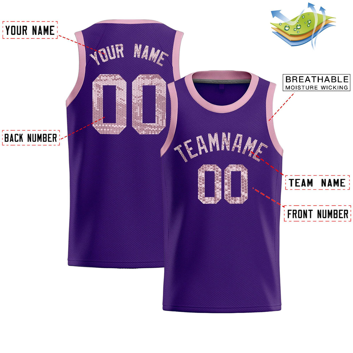 Custom Purple Sequined Tops Athletic Basketball Jersey