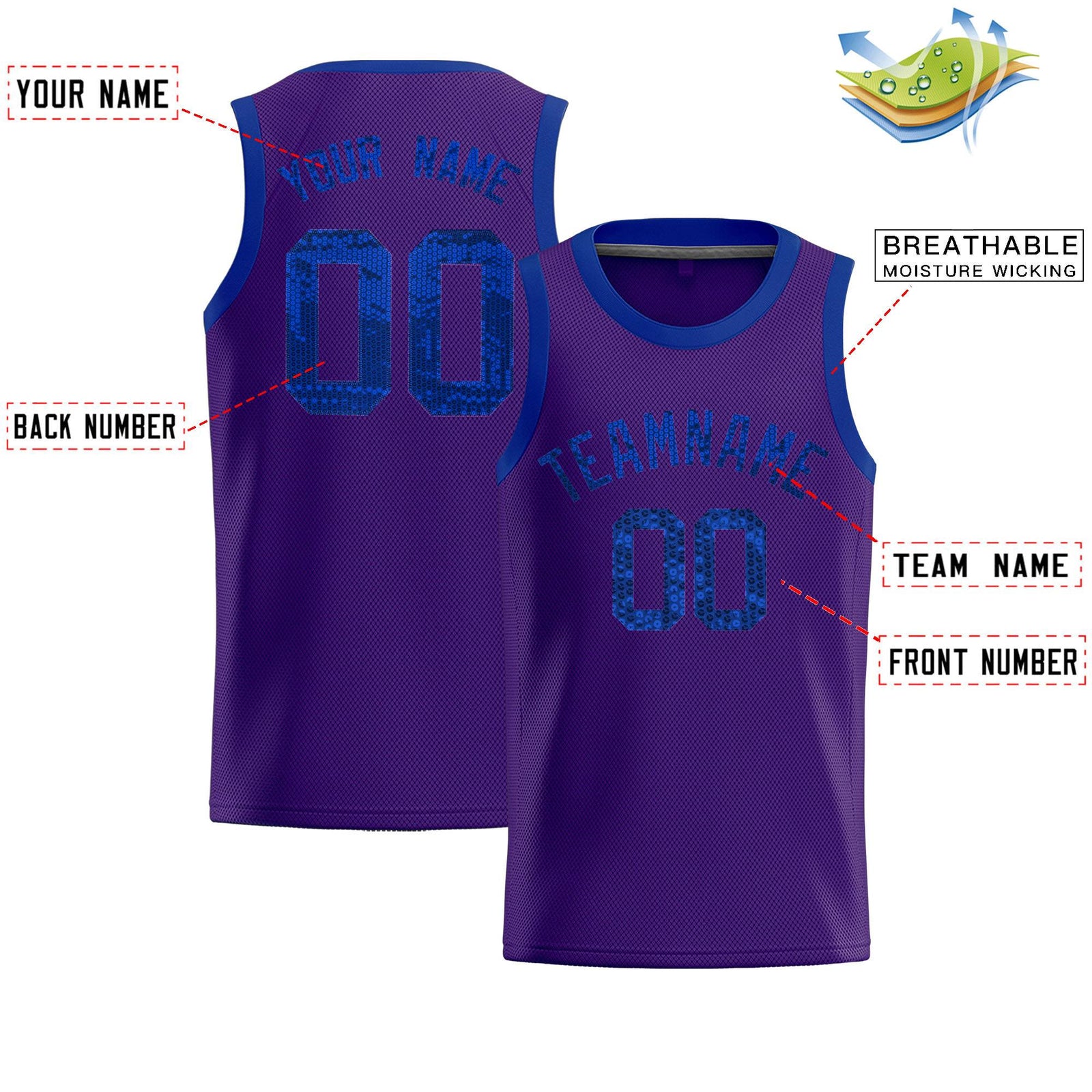 Custom Purple Sequined Tops Athletic Basketball Jersey