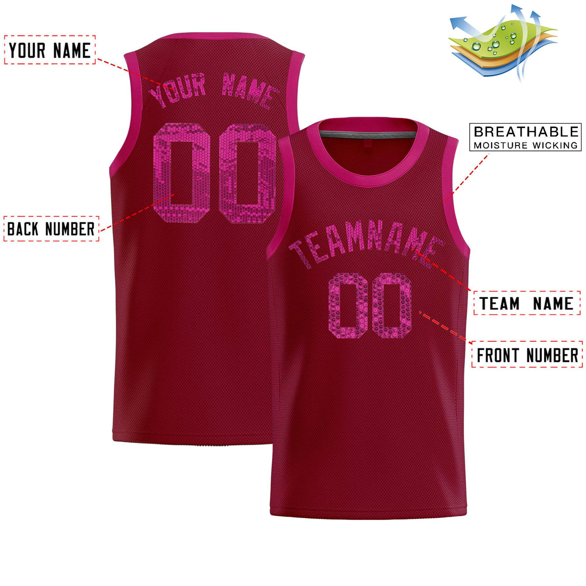 Custom Crimson Sequined Tops Athletic Basketball Jersey