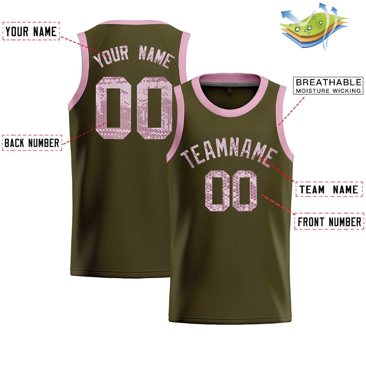 Custom Olive Sequined Tops Athletic Basketball Jersey