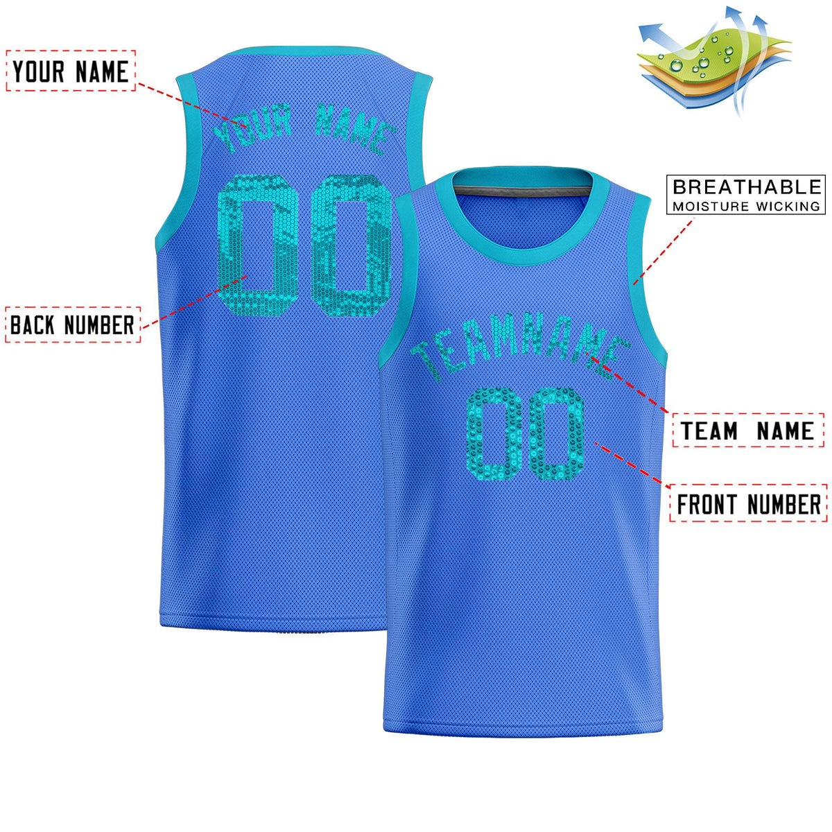 Custom Powder Blue Sequined Tops Athletic Basketball Jersey