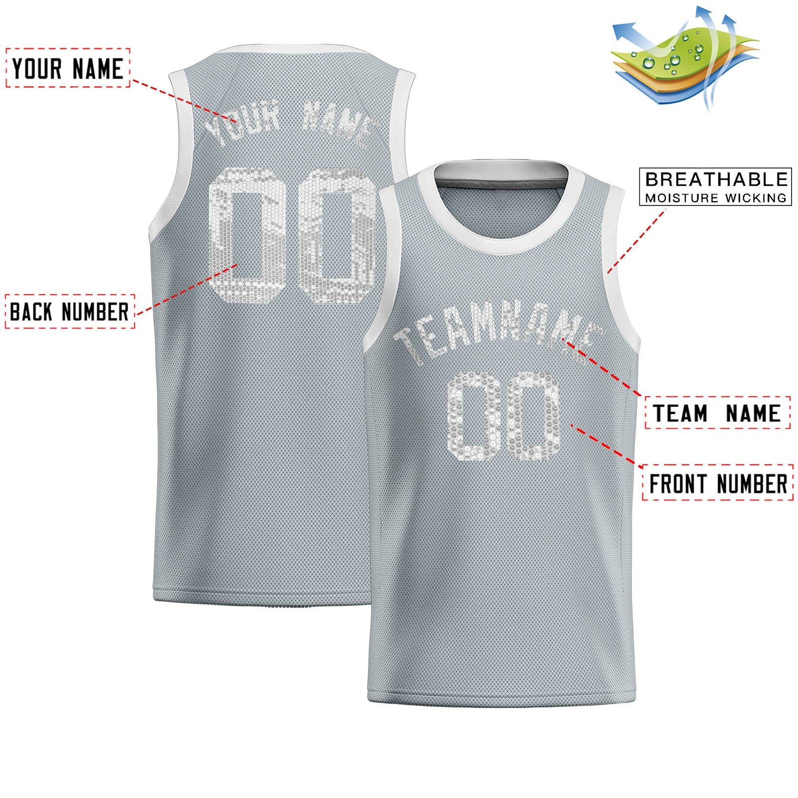 Custom Silver Sequined Tops Athletic Basketball Jersey