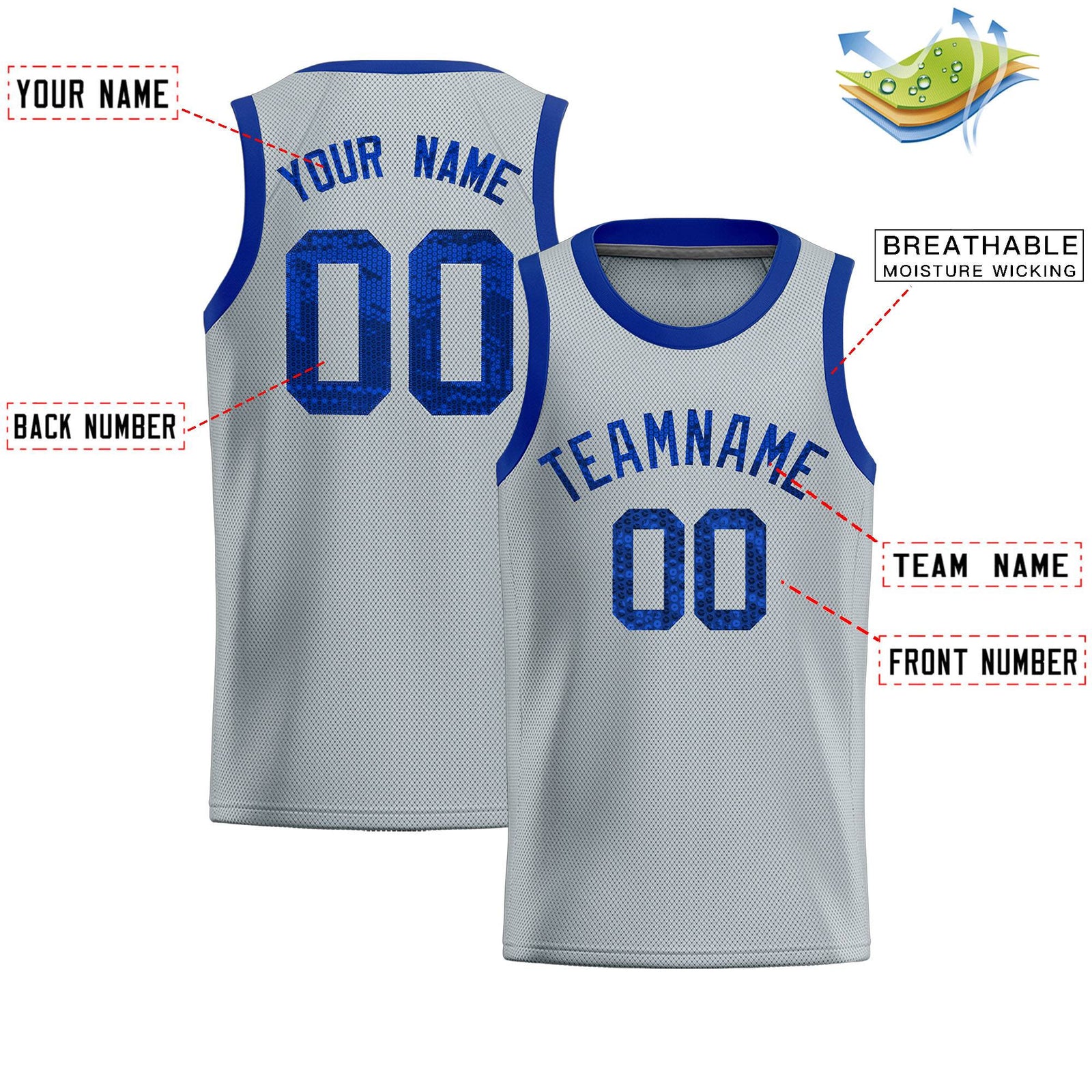 Custom Silver Sequined Tops Athletic Basketball Jersey