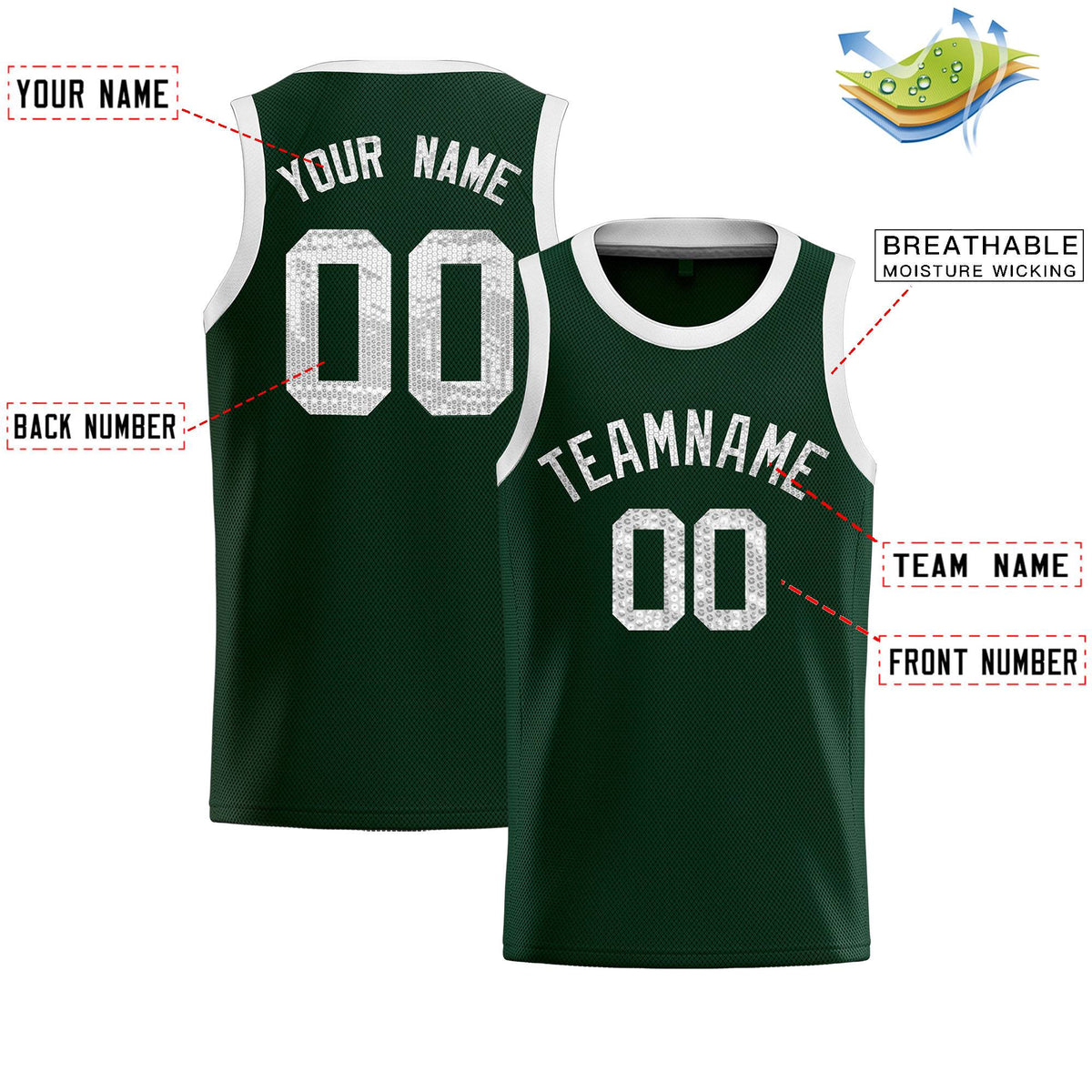 Custom Hunter Green Sequined Tops Athletic Basketball Jersey