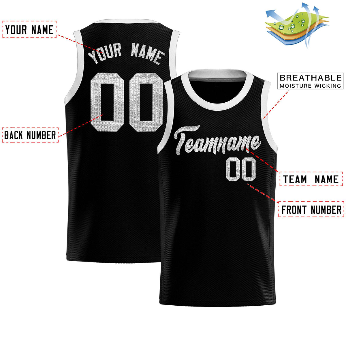 Custom Black Sequined Tops Athletic Basketball Jersey