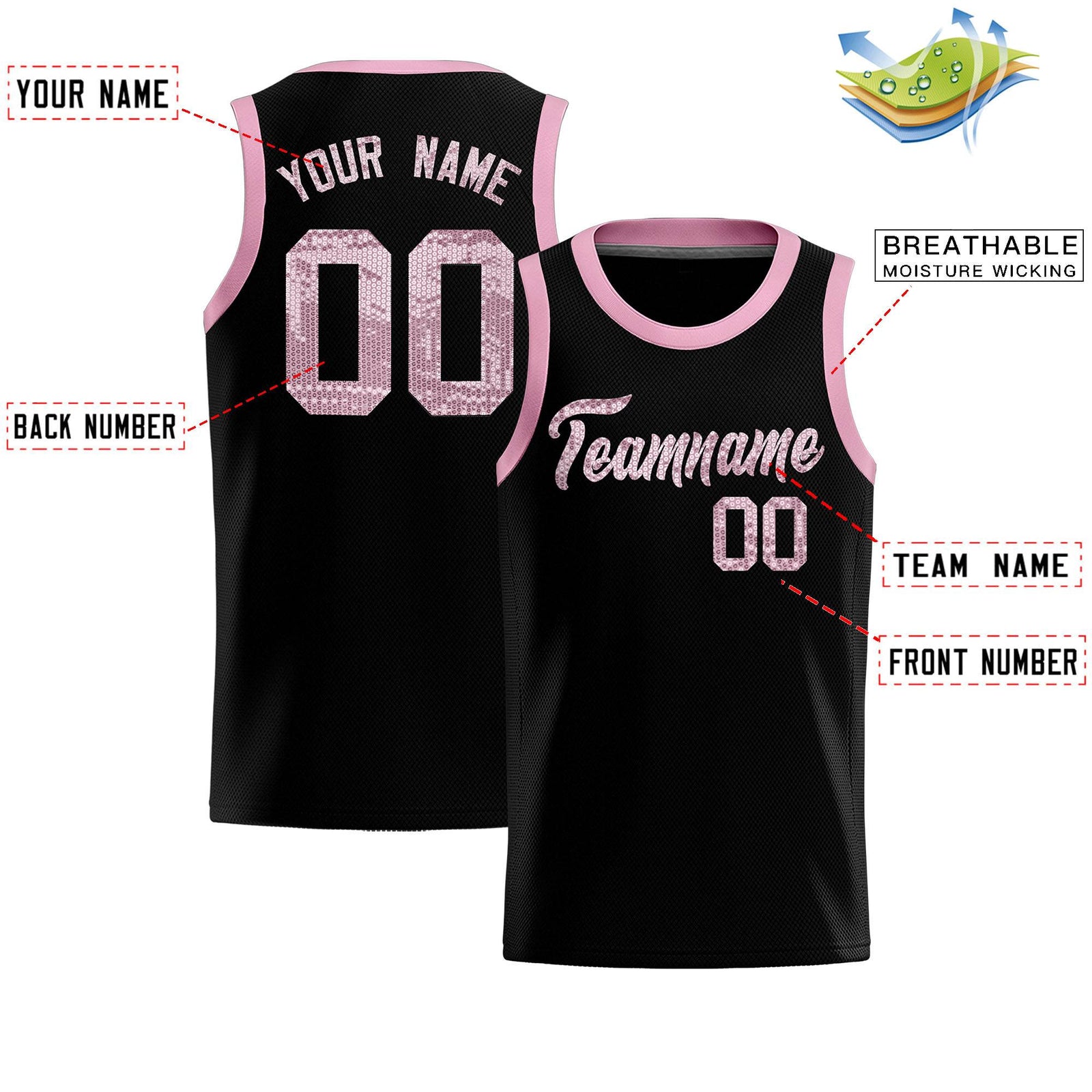 Custom Black Sequined Tops Athletic Basketball Jersey