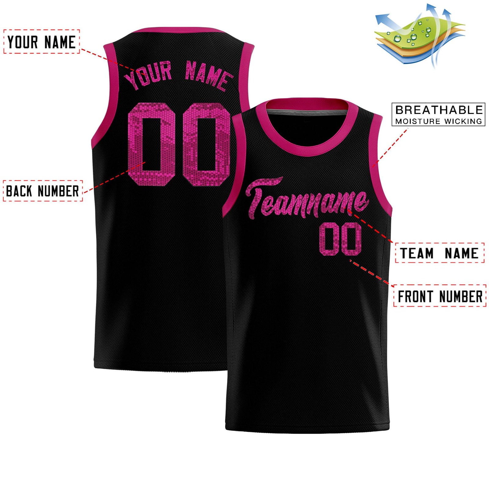 Custom Black Sequined Tops Athletic Basketball Jersey