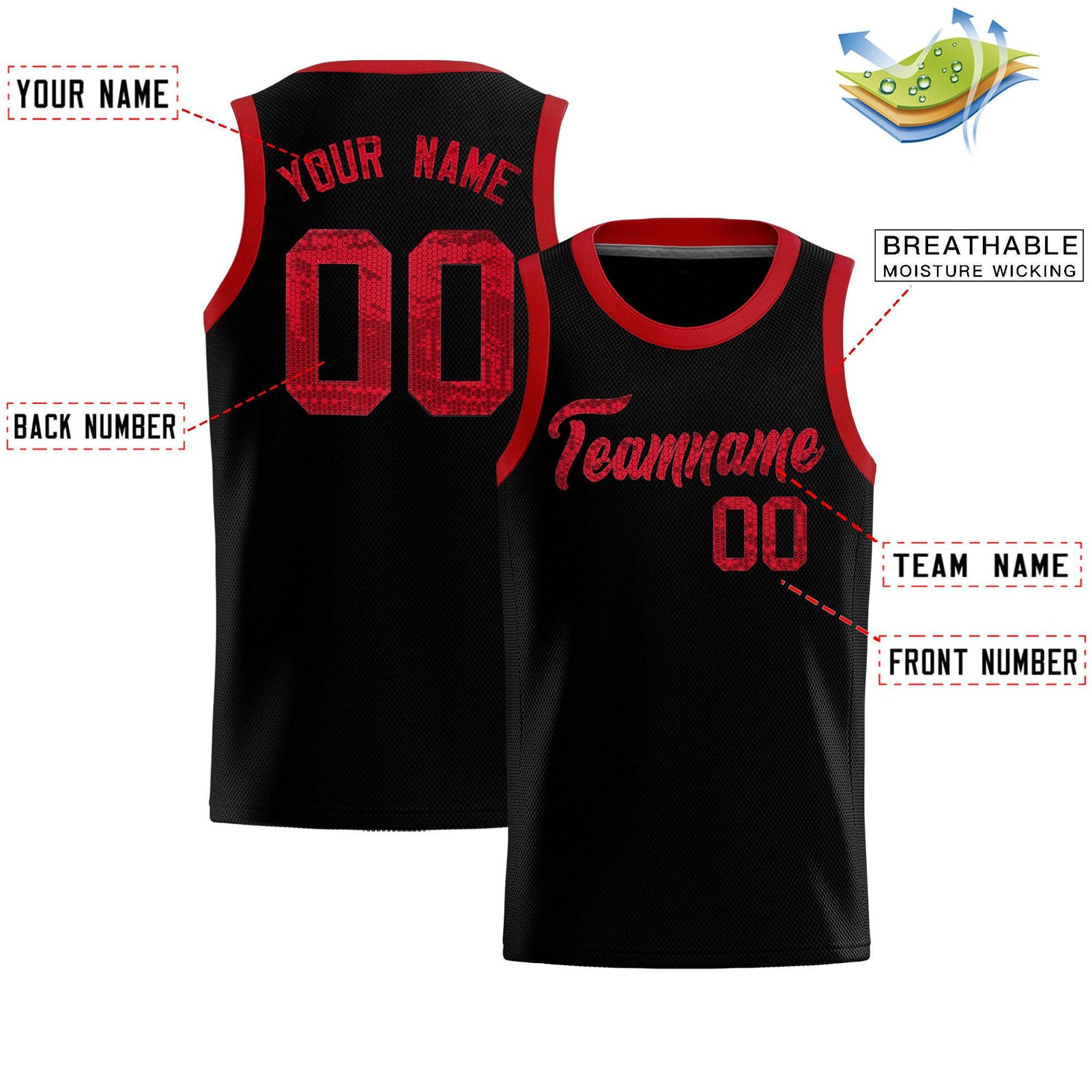 Custom Black Sequined Tops Athletic Basketball Jersey