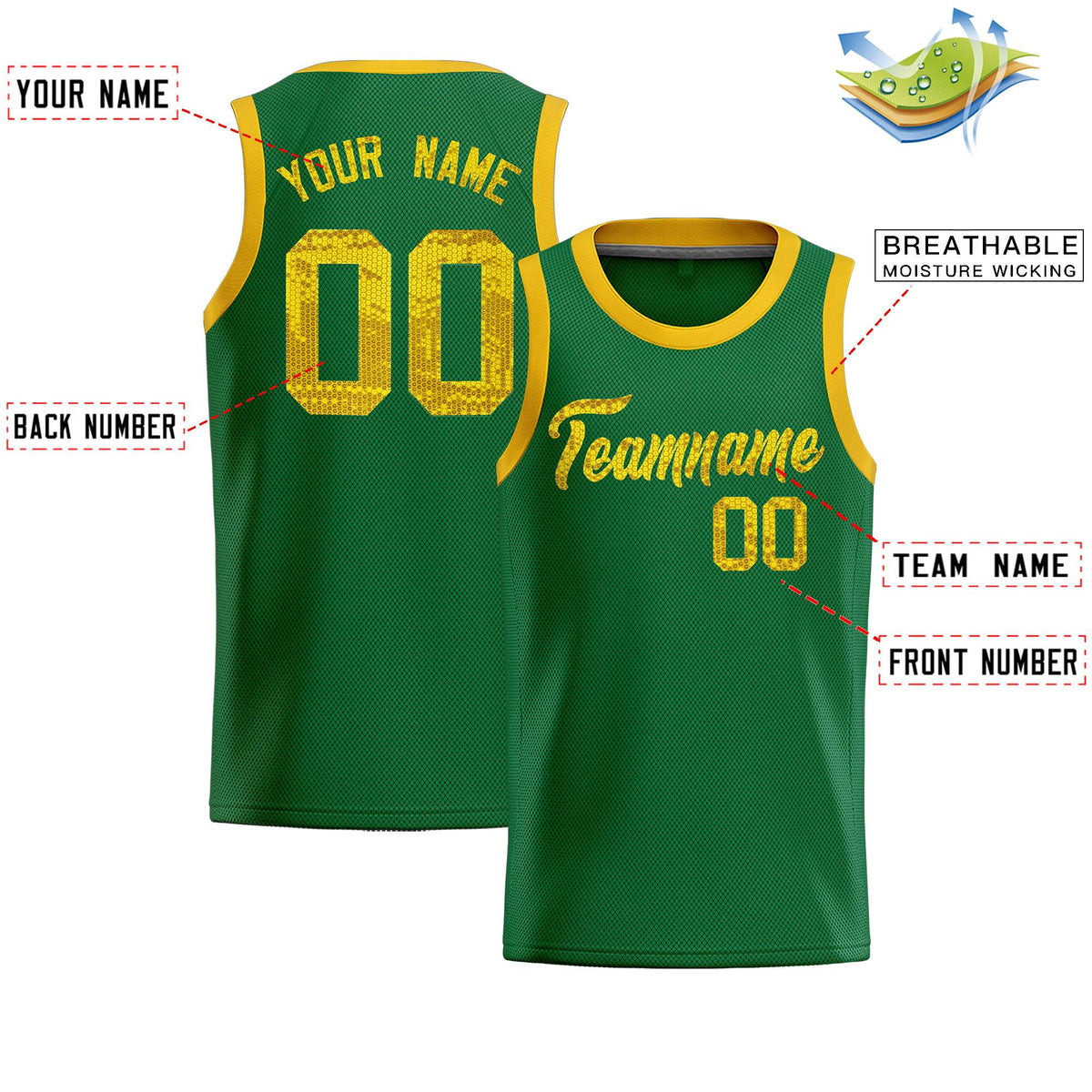 Custom Kelly Green Sequined Tops Athletic Basketball Jersey