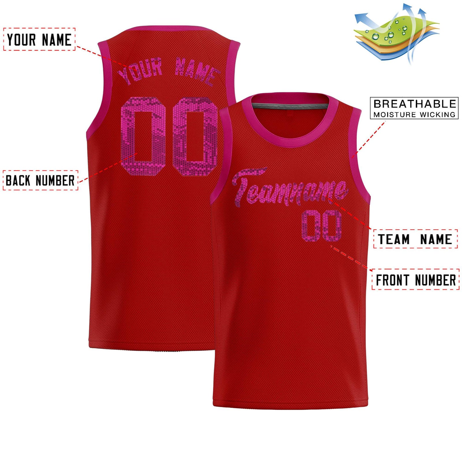 Custom Red Sequined Tops Athletic Basketball Jersey