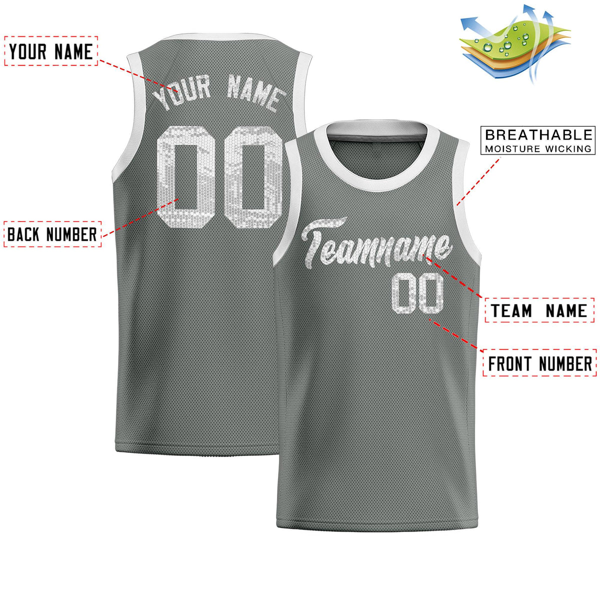 Custom Gray Sequined Tops Athletic Basketball Jersey