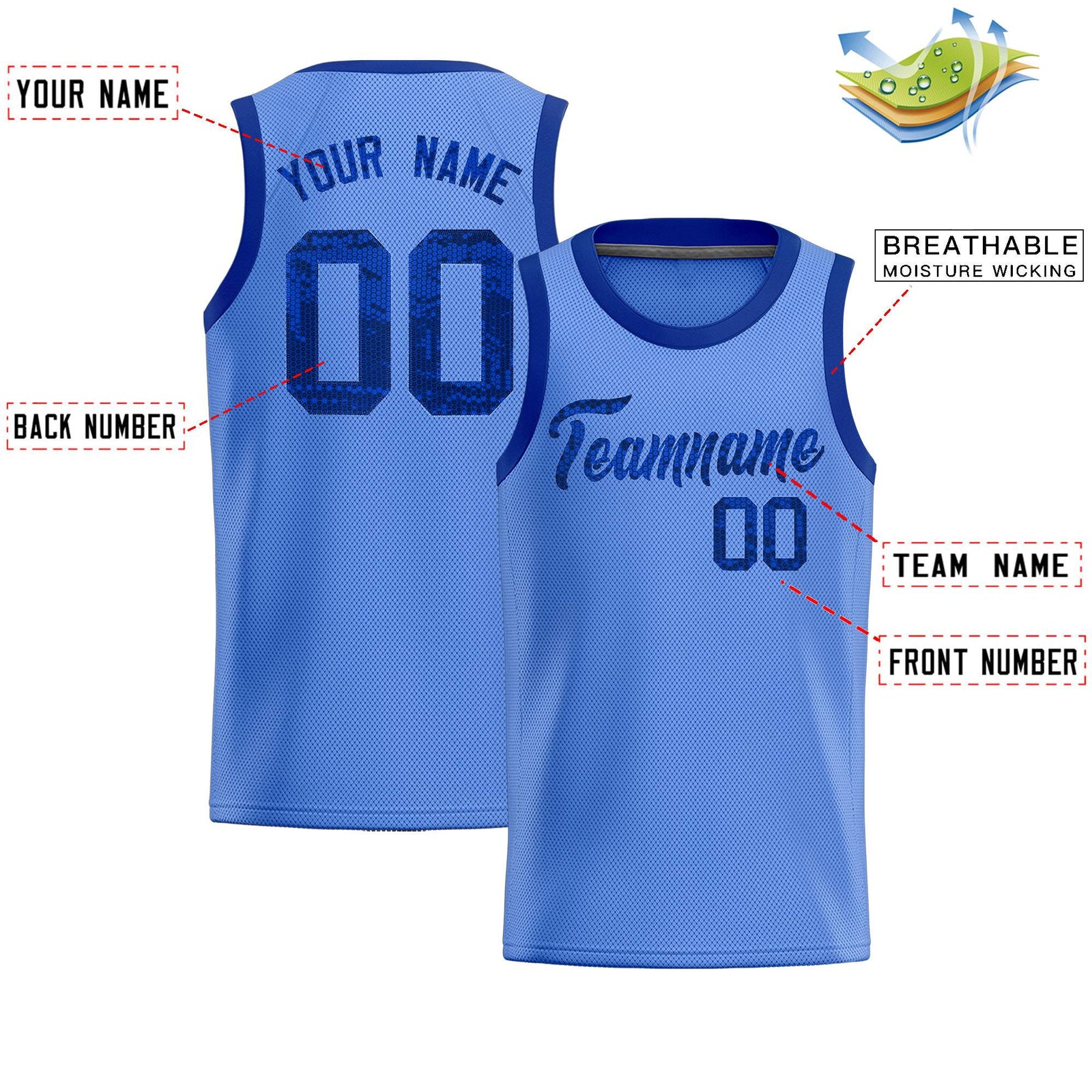 Custom Light Blue Sequined Tops Athletic Basketball Jersey