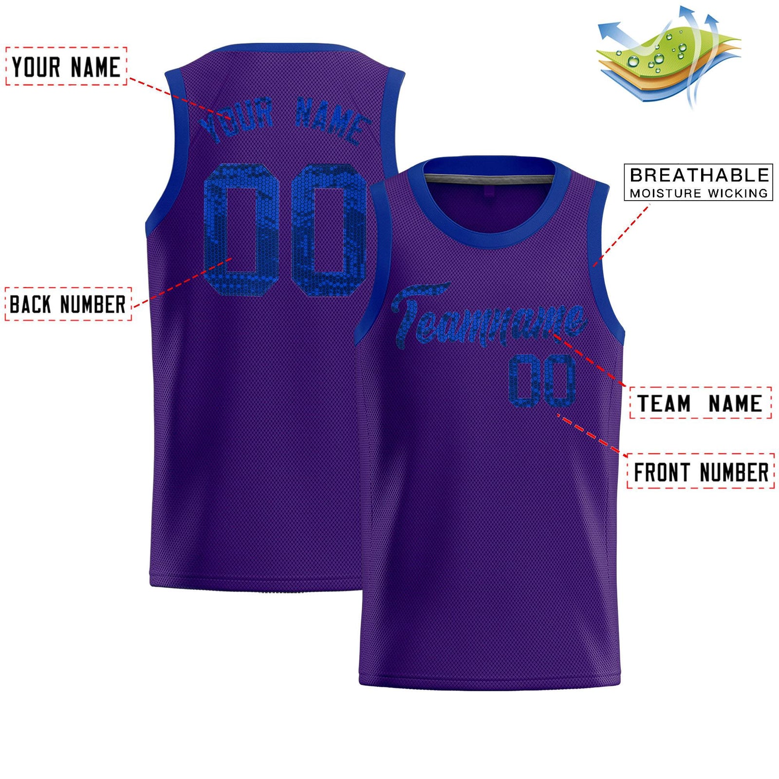 Custom Purple Sequined Tops Athletic Basketball Jersey